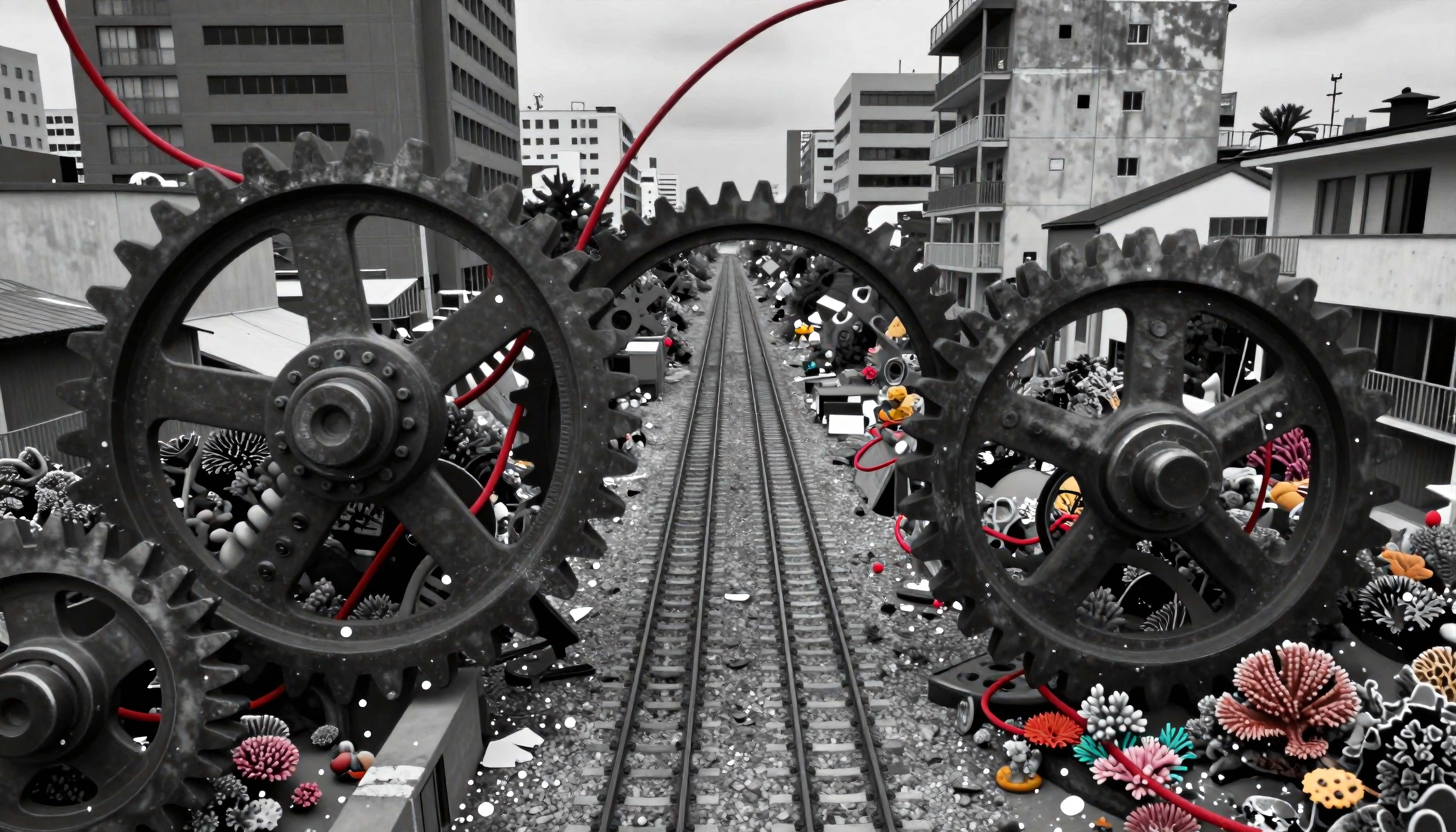 A surreal image of large gears above railway tracks surrounded by colorful elements in an urban setting.