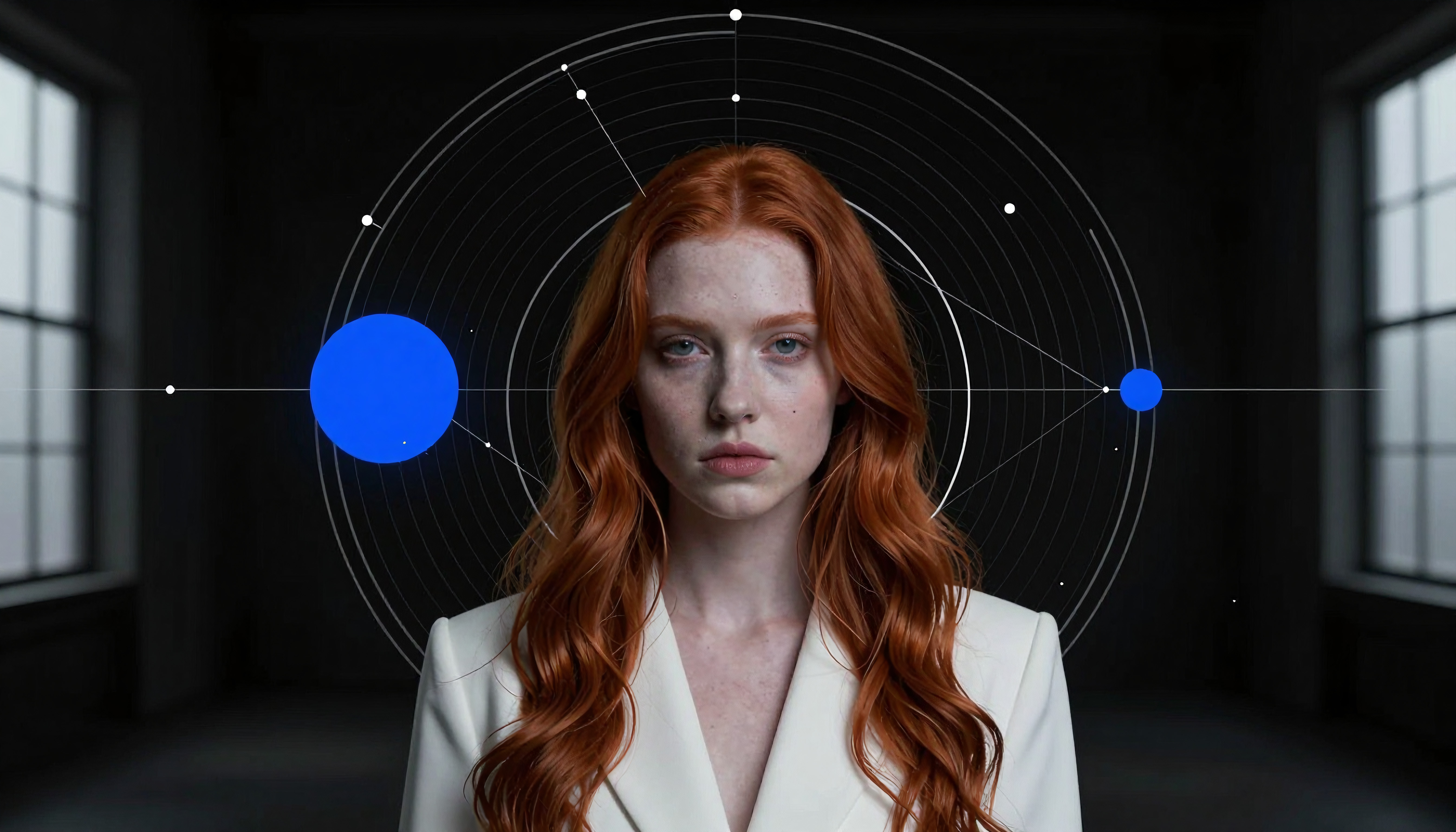 Futuristic Portrait with Digital Overlay in Dark Studio Setting