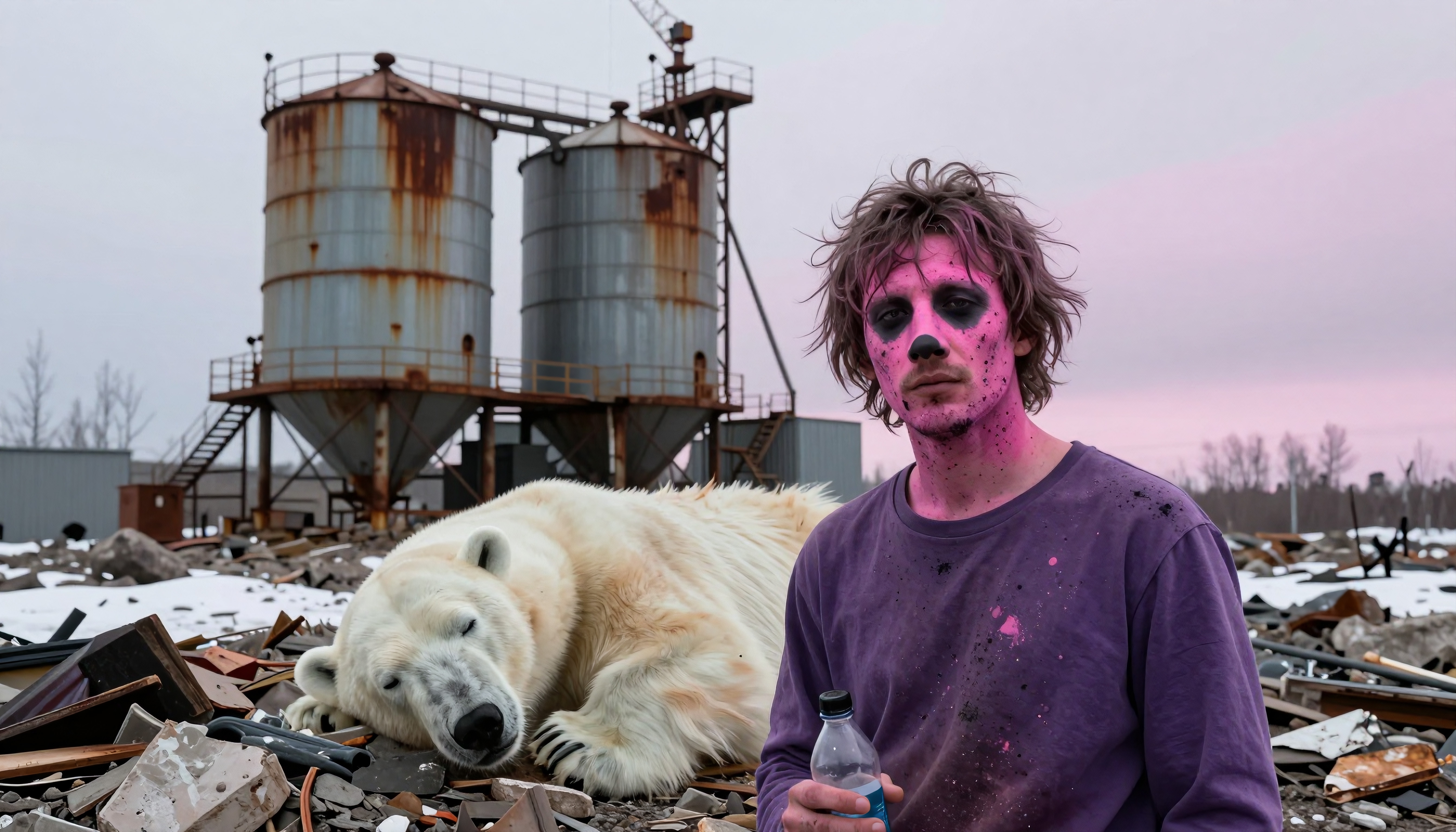 A man with pink face paint stands in a snowy industrial wasteland near a sleeping polar bear.
