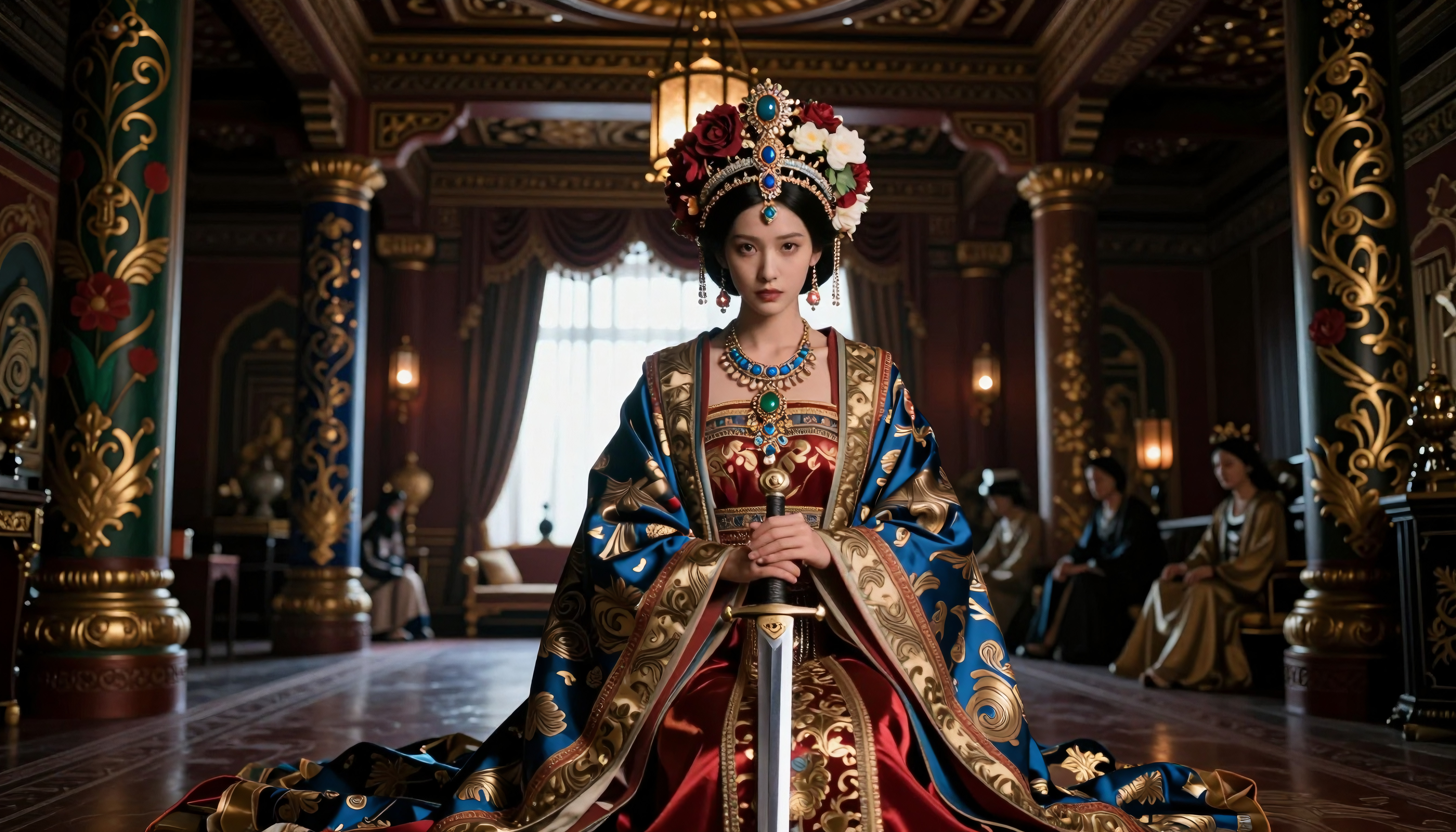 Regal Queen Holding Sword in Luxurious Palace Hall