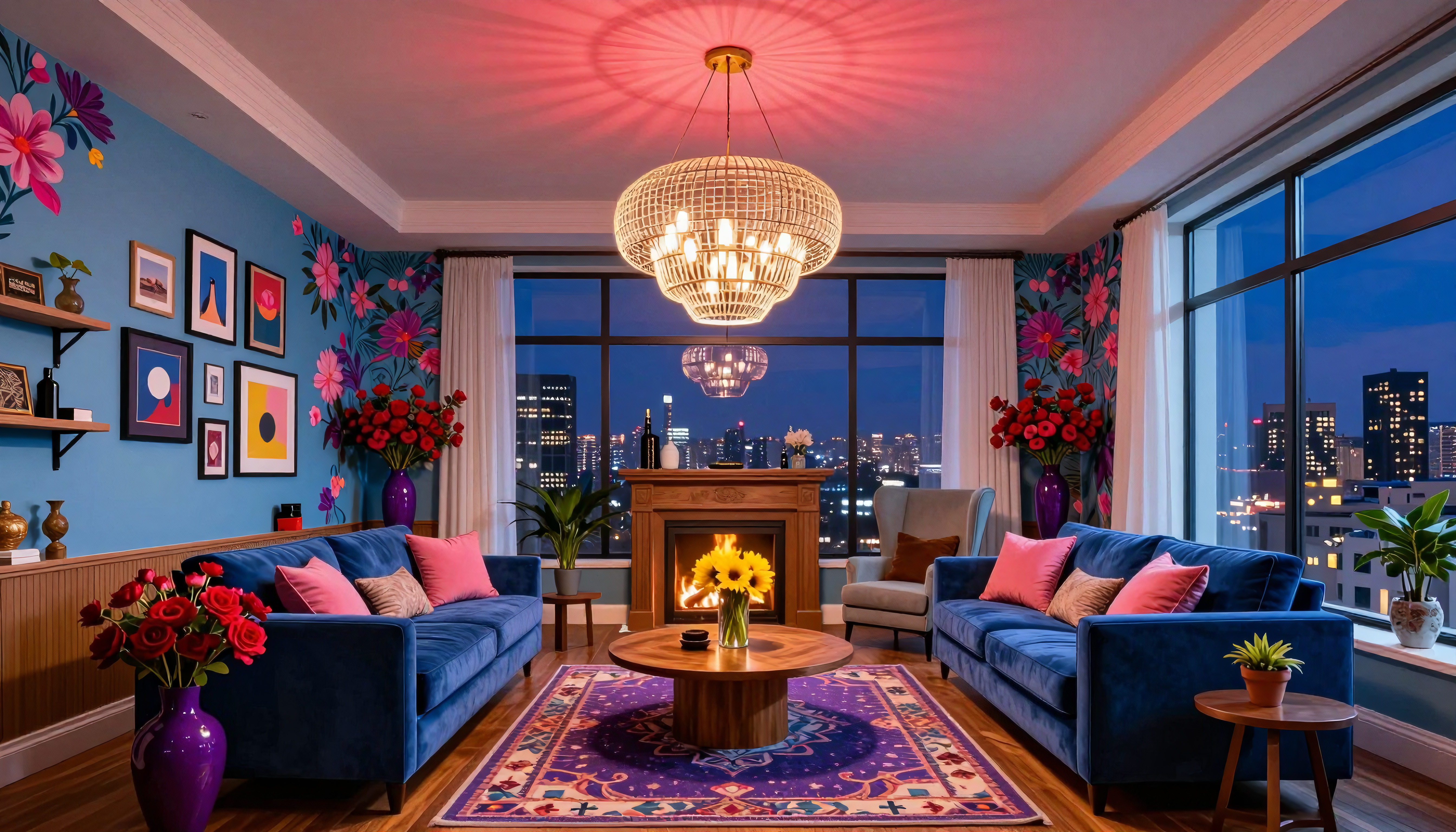 Vibrant Modern Living Room with City View and Dramatic Interior