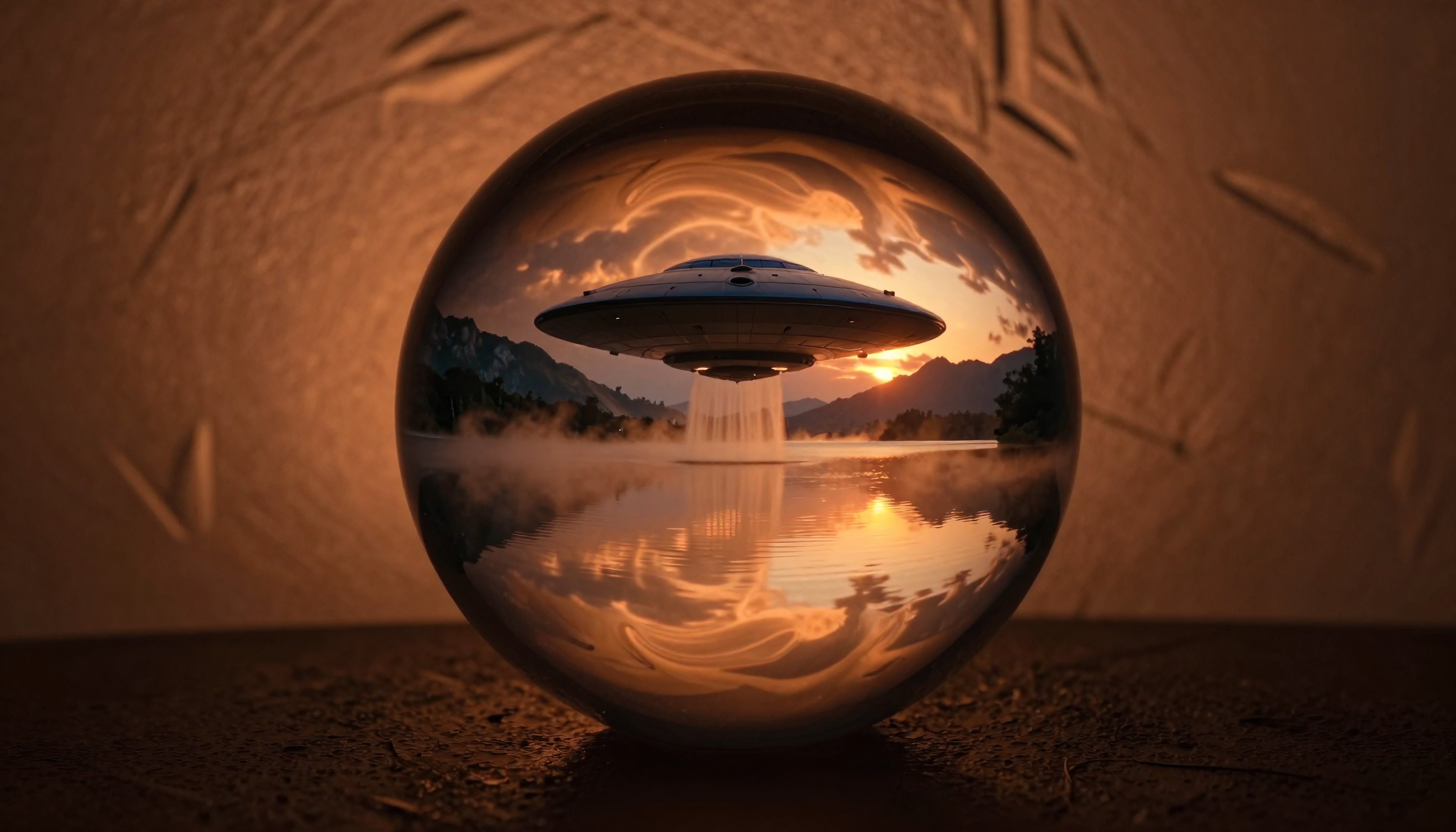 UFO Reflection in Glass Sphere Over Misty Lake at Sunset