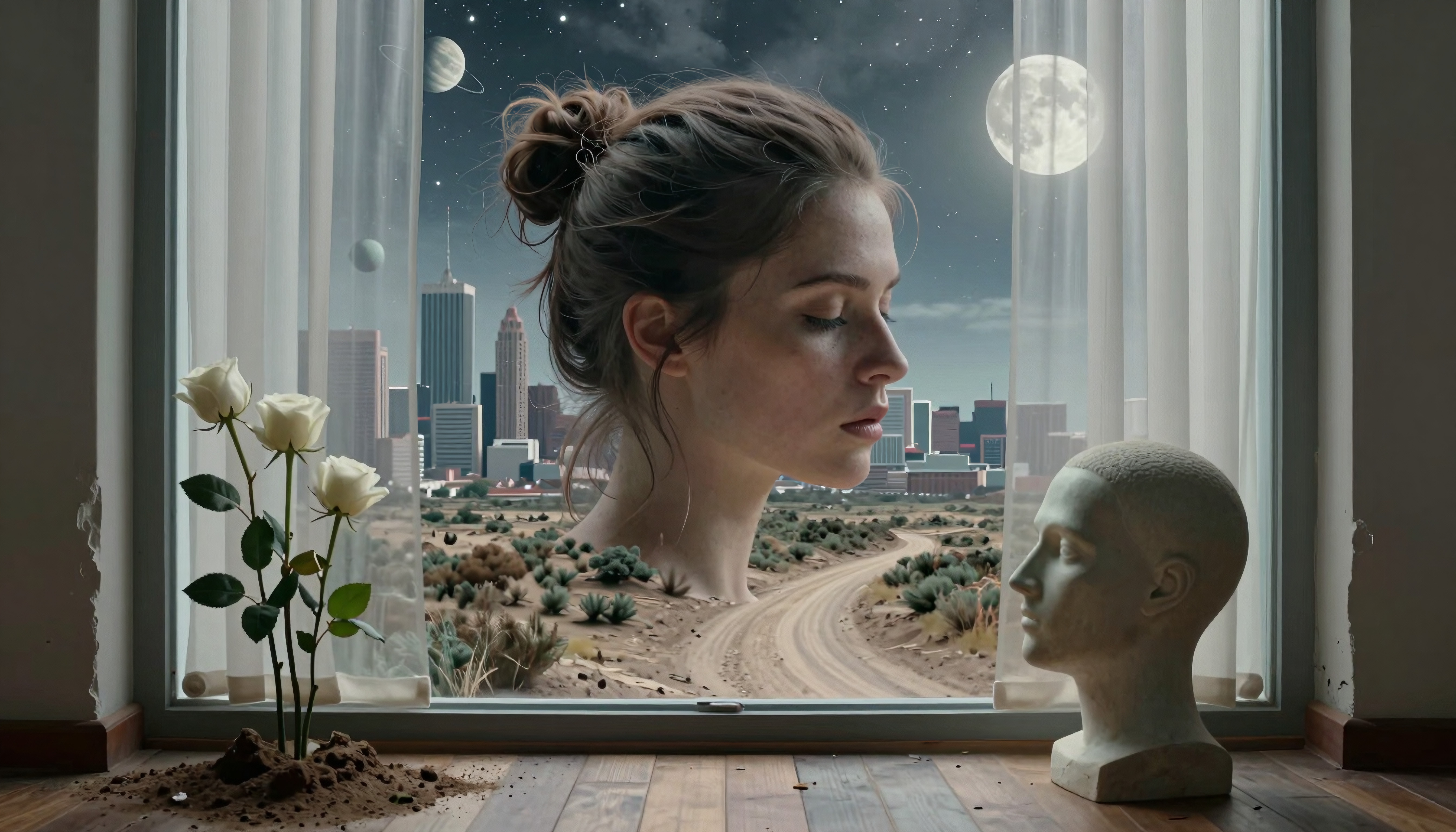 A serene woman’s profile amidst surreal cityscape under starry night sky with roses and bust.
