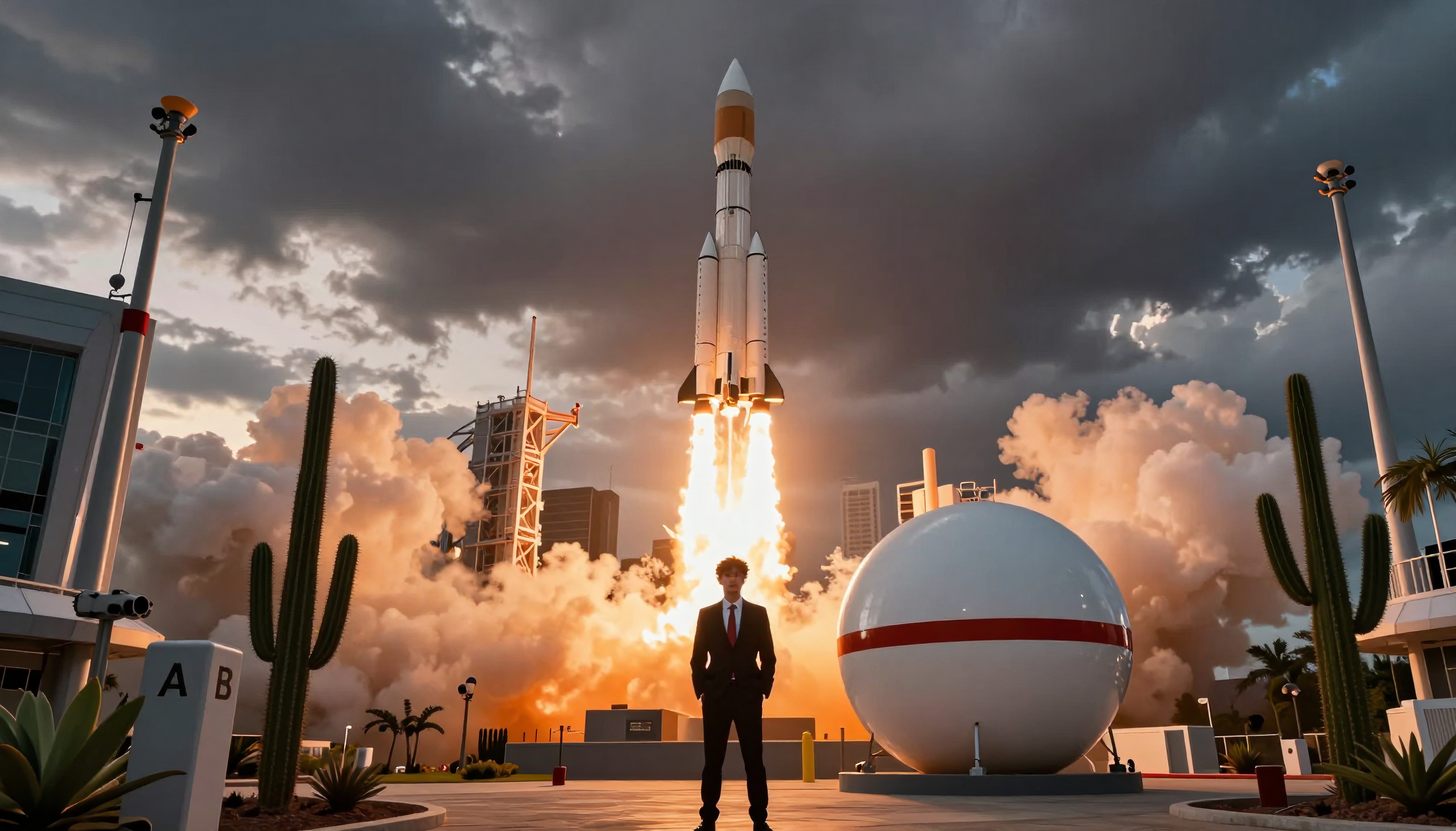 Dynamic rocket launch with person observing in modern architectural setting.