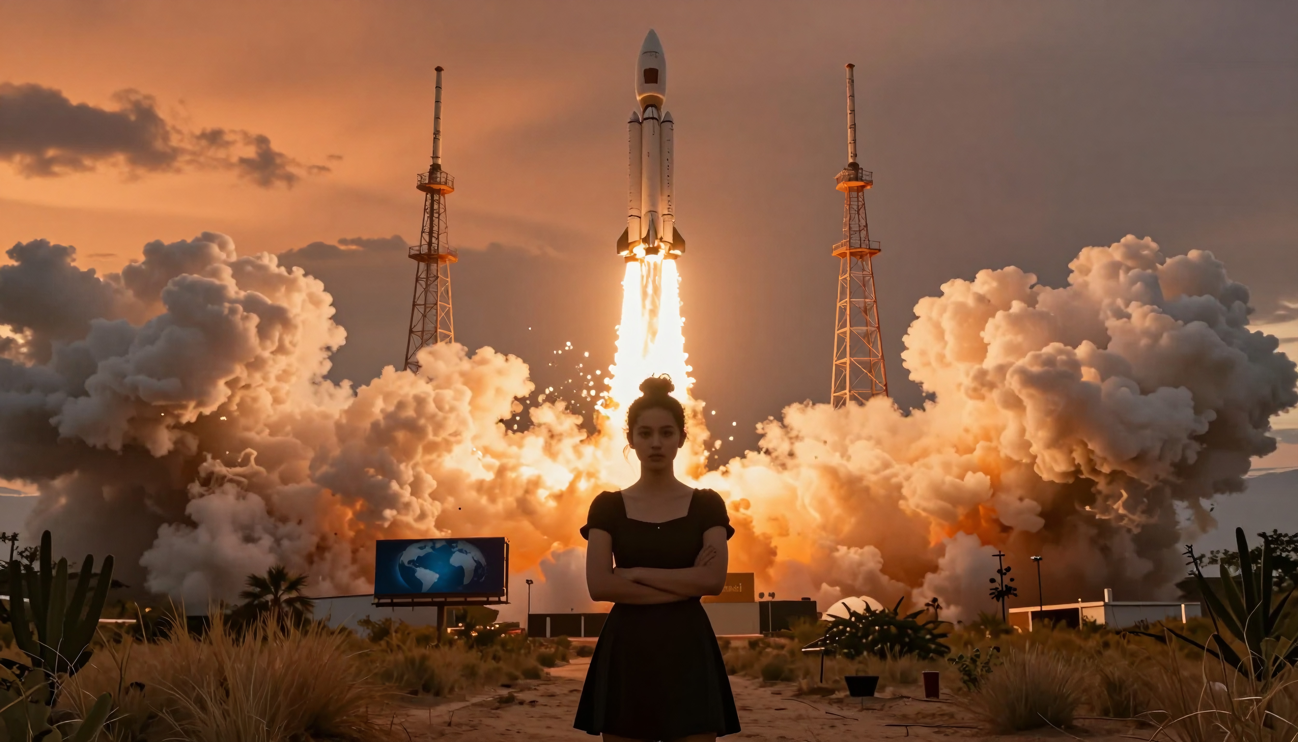 A person stands silhouetted against a magnificent rocket launch, backdropped by dramatic smoke and evening sky.