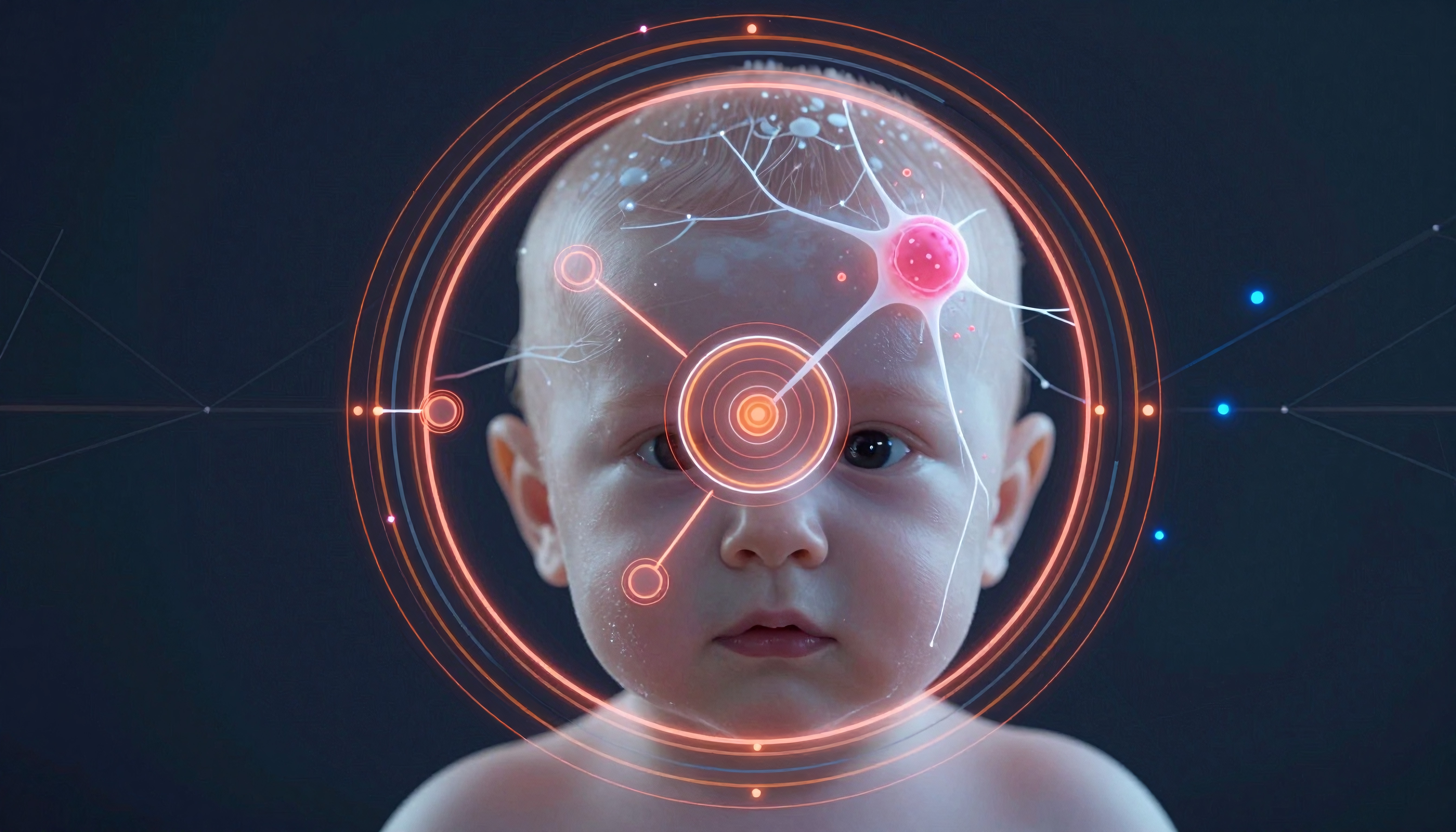 Futuristic image of a baby's face overlaid with digital neural pathways and glowing neon elements.