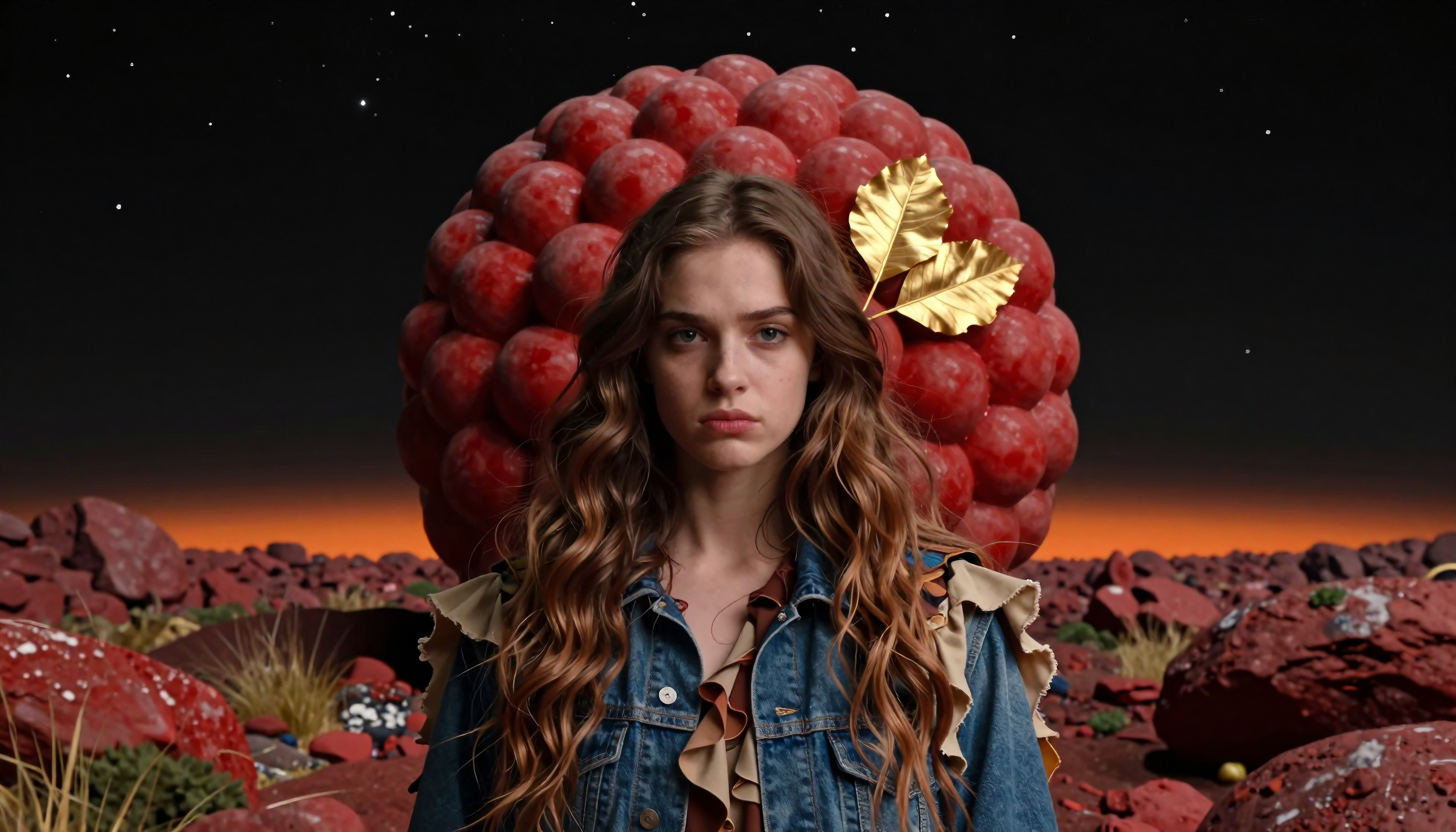 Young woman wearing denim jacket standing before giant raspberry-like orb on alien planet with golden leaves crown and starry sky background