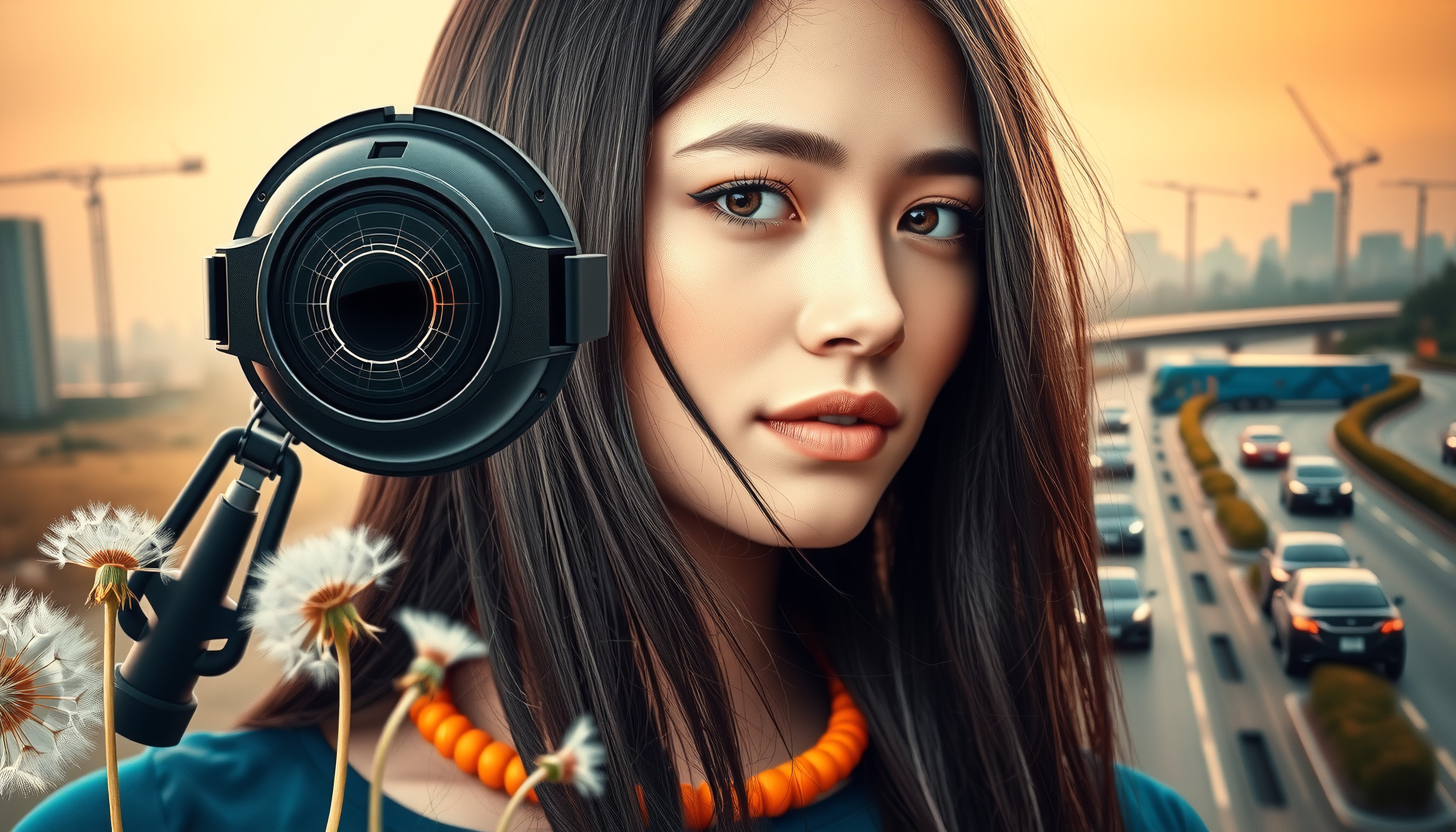 A woman stands before a sunset cityscape, featuring a lens, necklace, and dandelions.