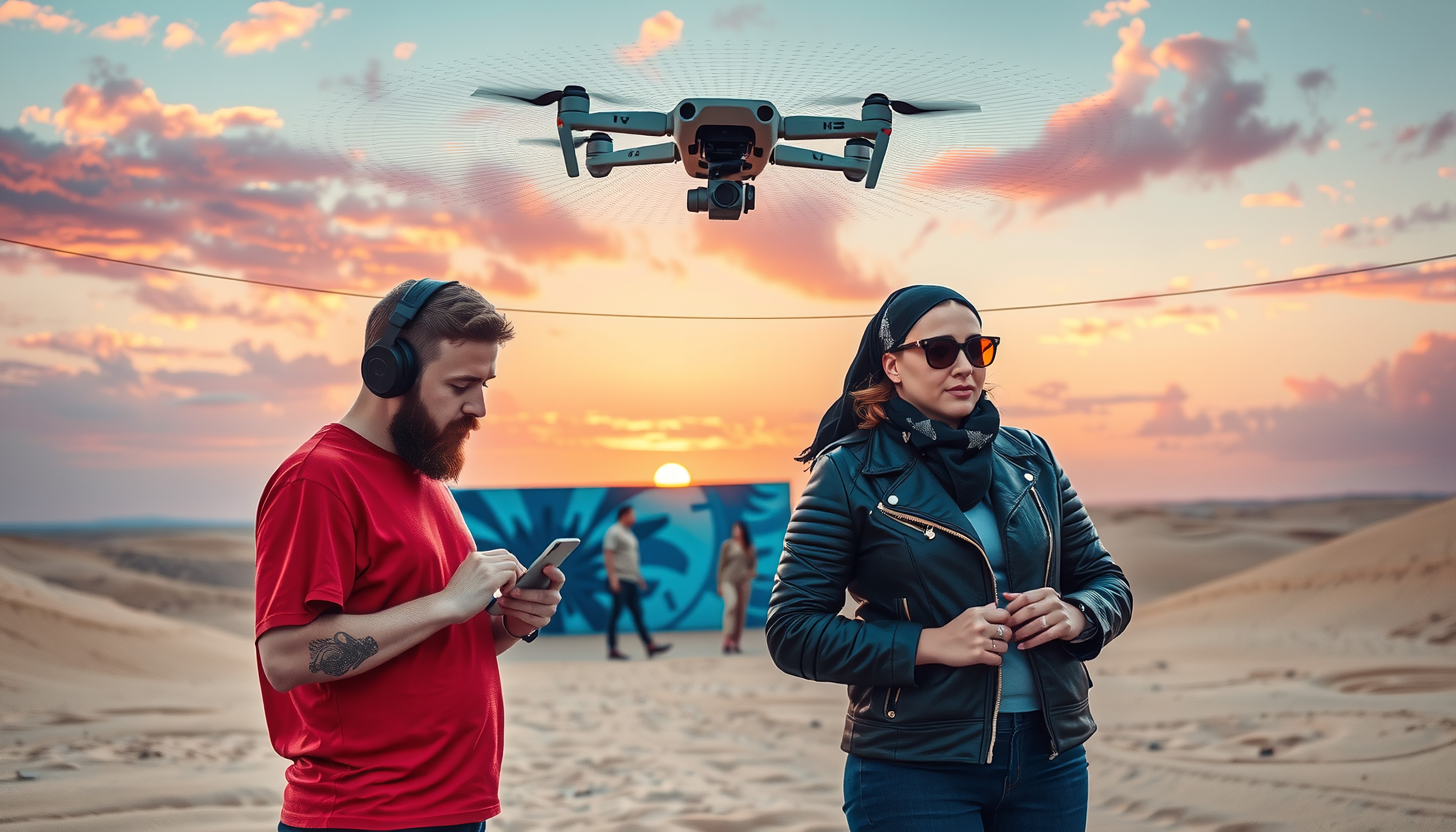 A man with a smartphone stands next to a woman in a desert as a drone flies above, with a sunset backdrop.