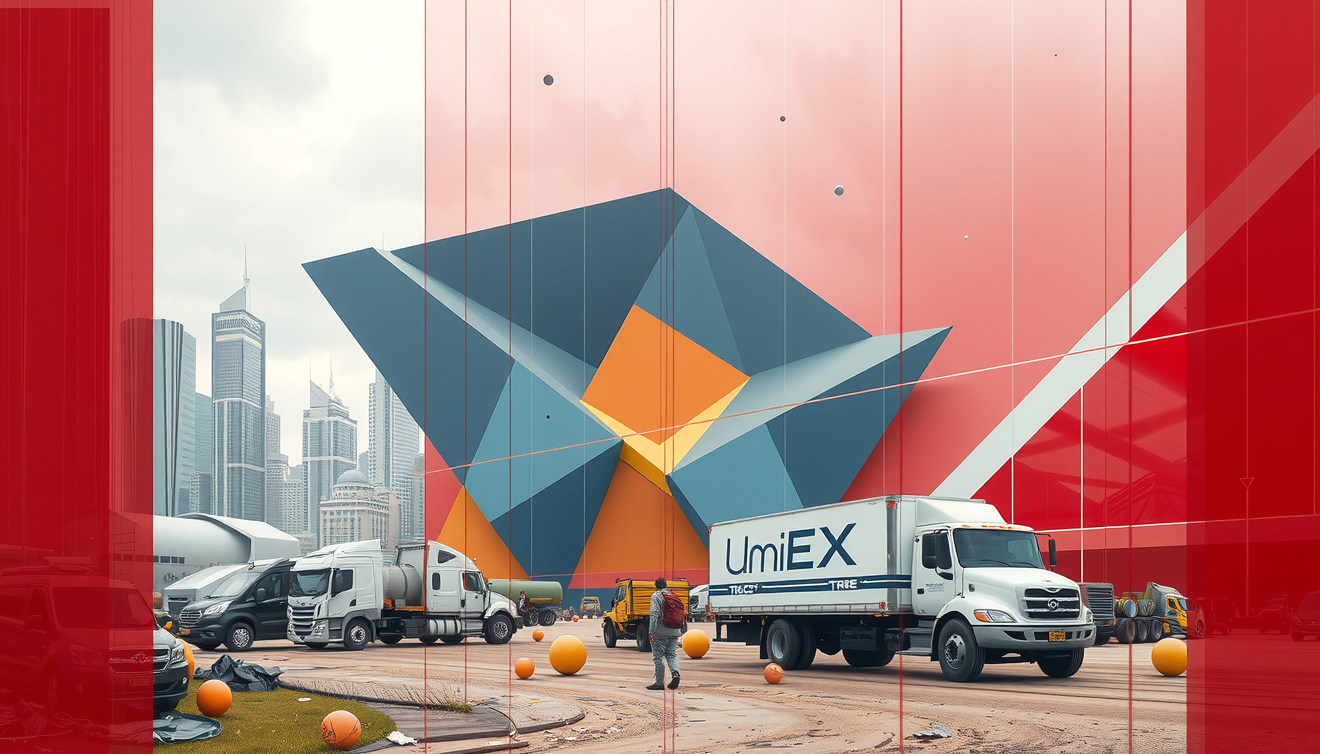 Vibrant geometric mural with urban vehicles and skyline.