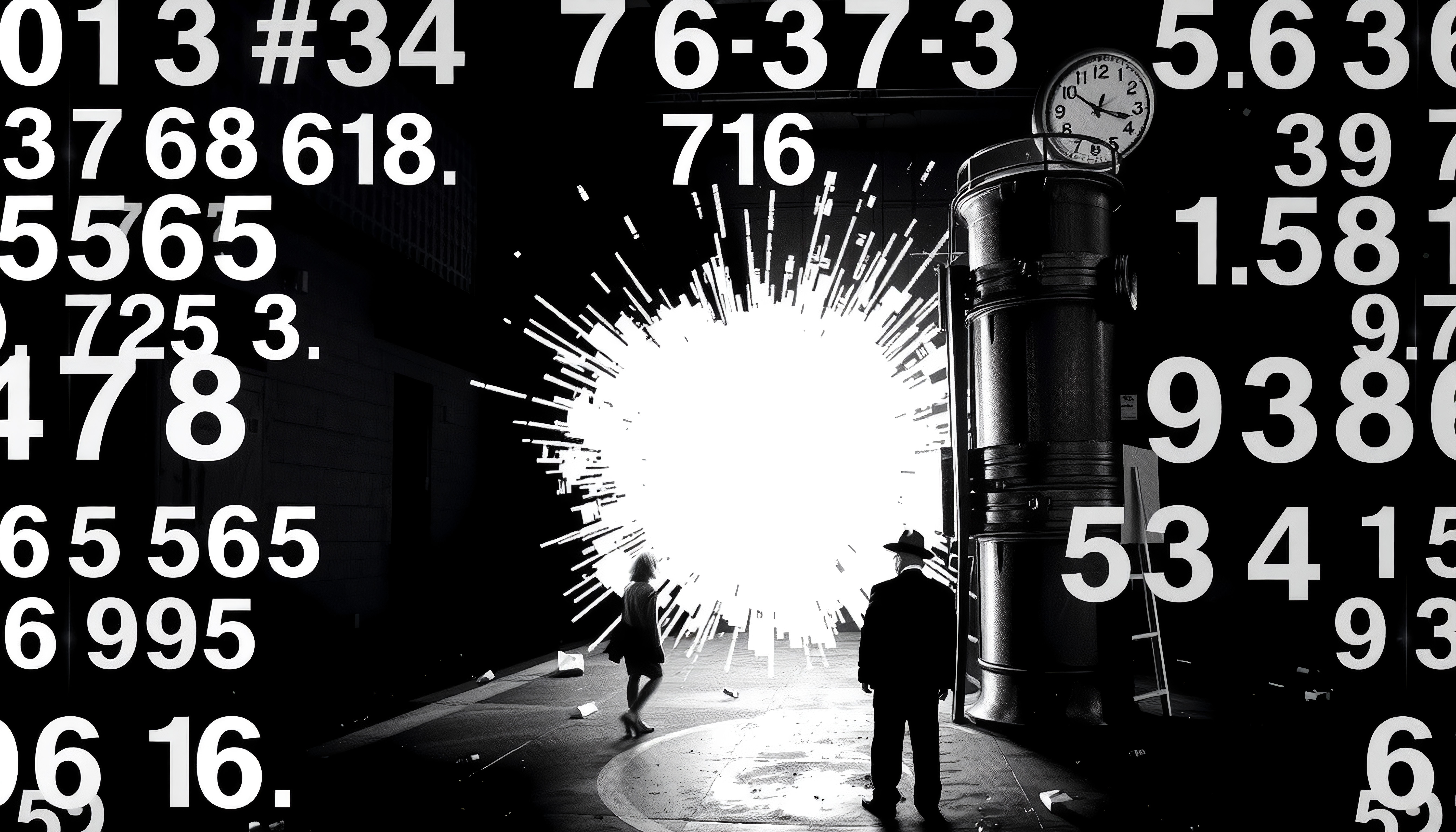 A mysterious urban scene featuring large numbers, a dazzling light explosion, and silhouetted figures under a vintage clock.