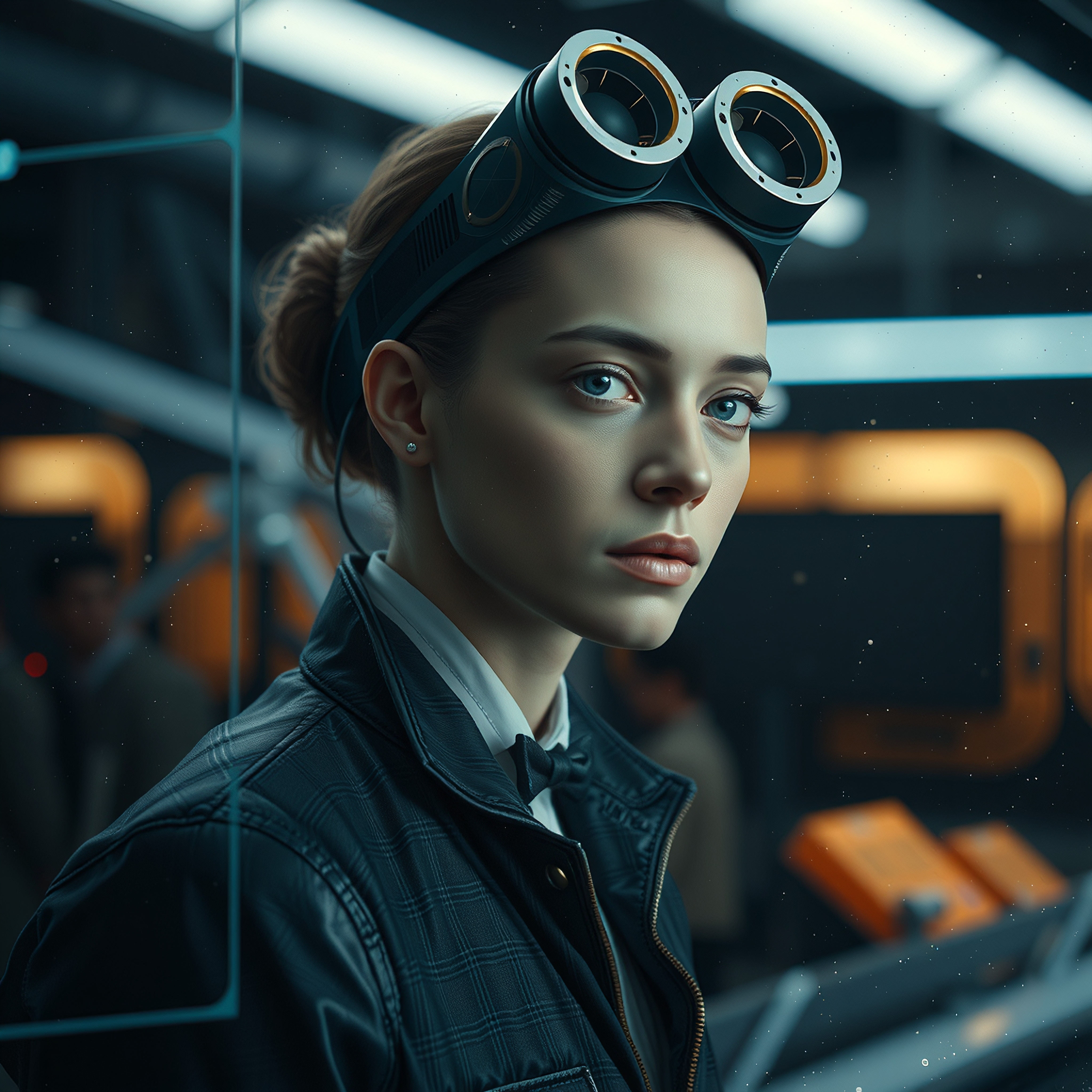 Young woman in futuristic lab setting wearing goggles, demonstrating focus and innovation.