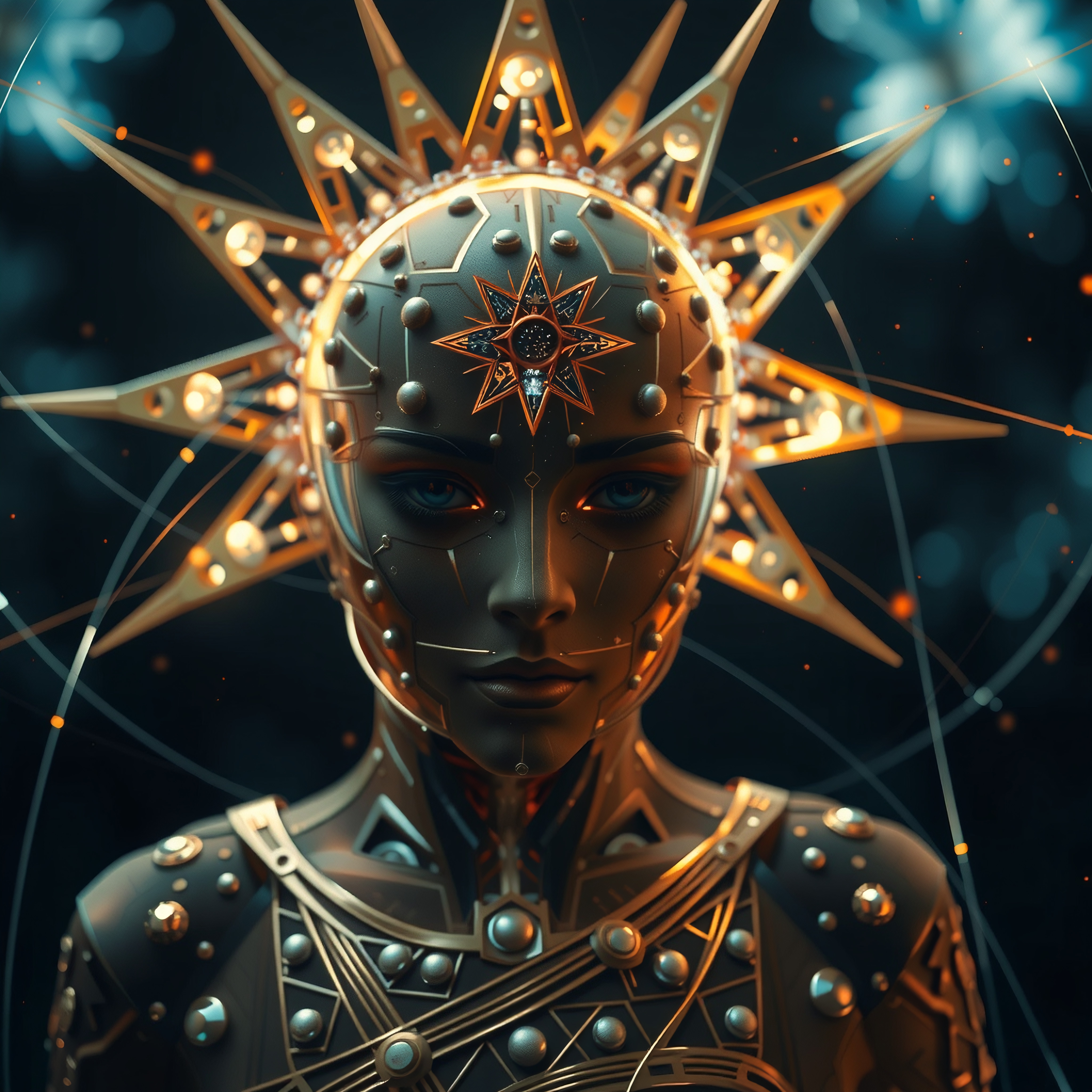 A futuristic person with golden star embellishments and glowing spikes.