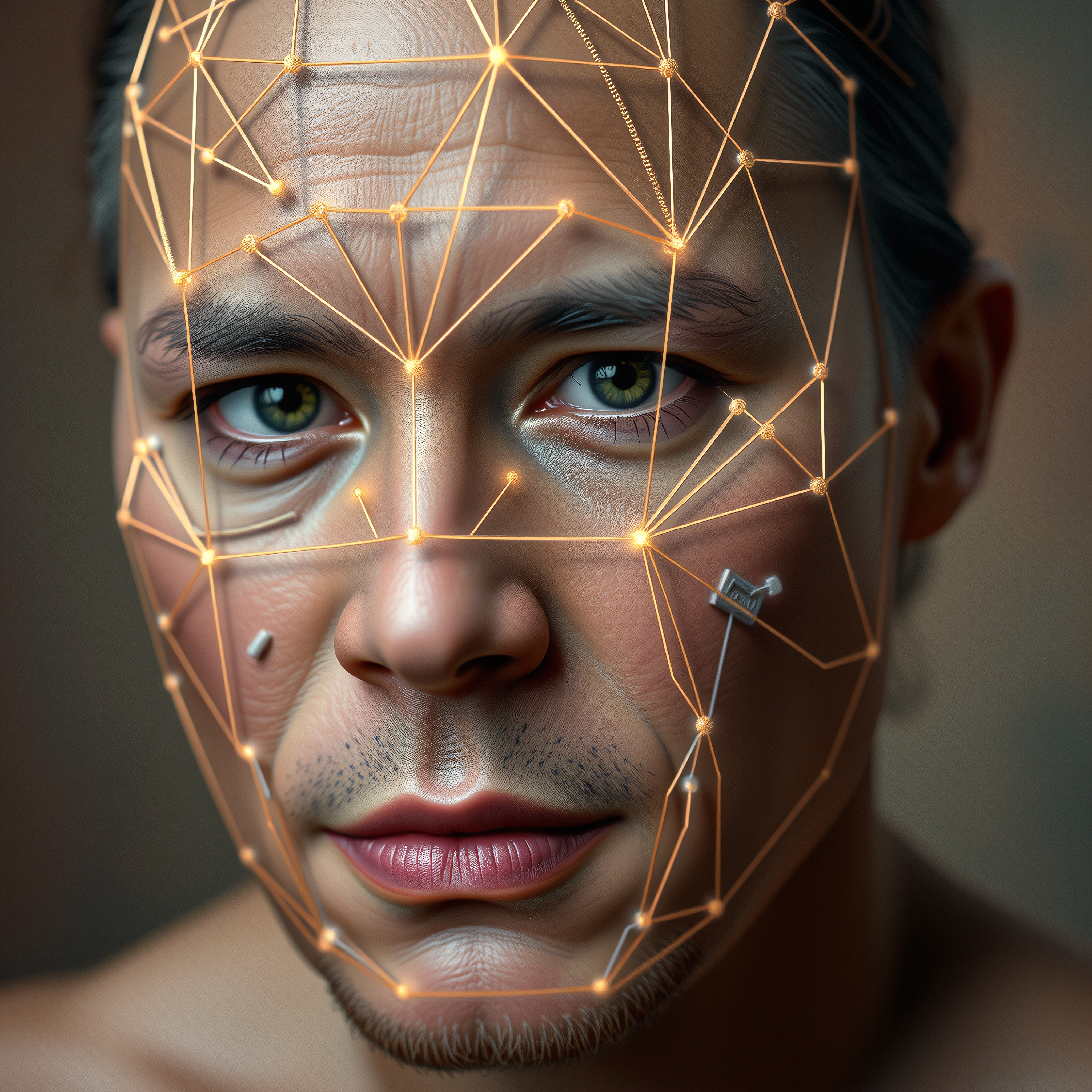 Hyper-realistic human face with glowing technology overlay.