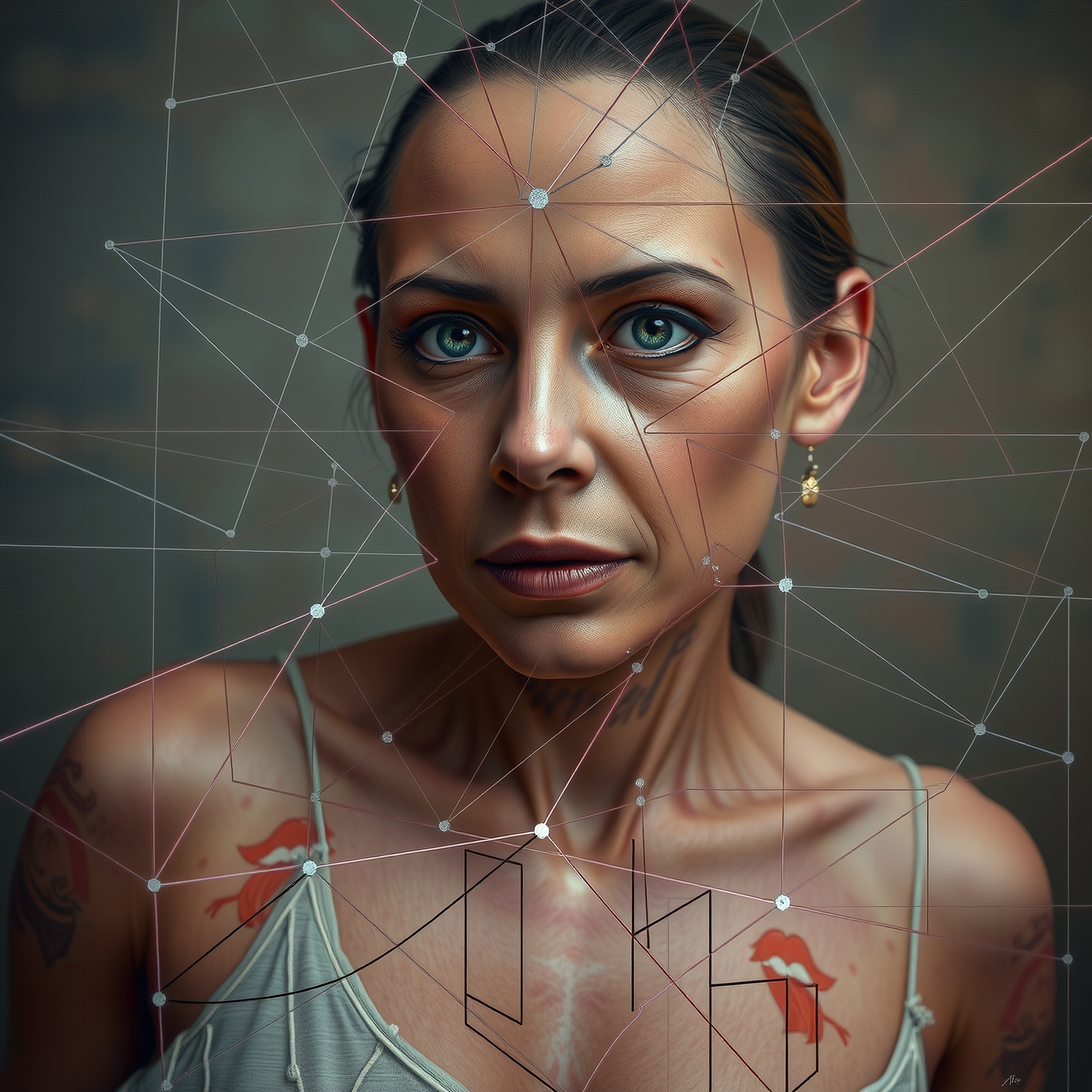 A woman in a strappy top with tattoos and geometric digital overlay on her face.