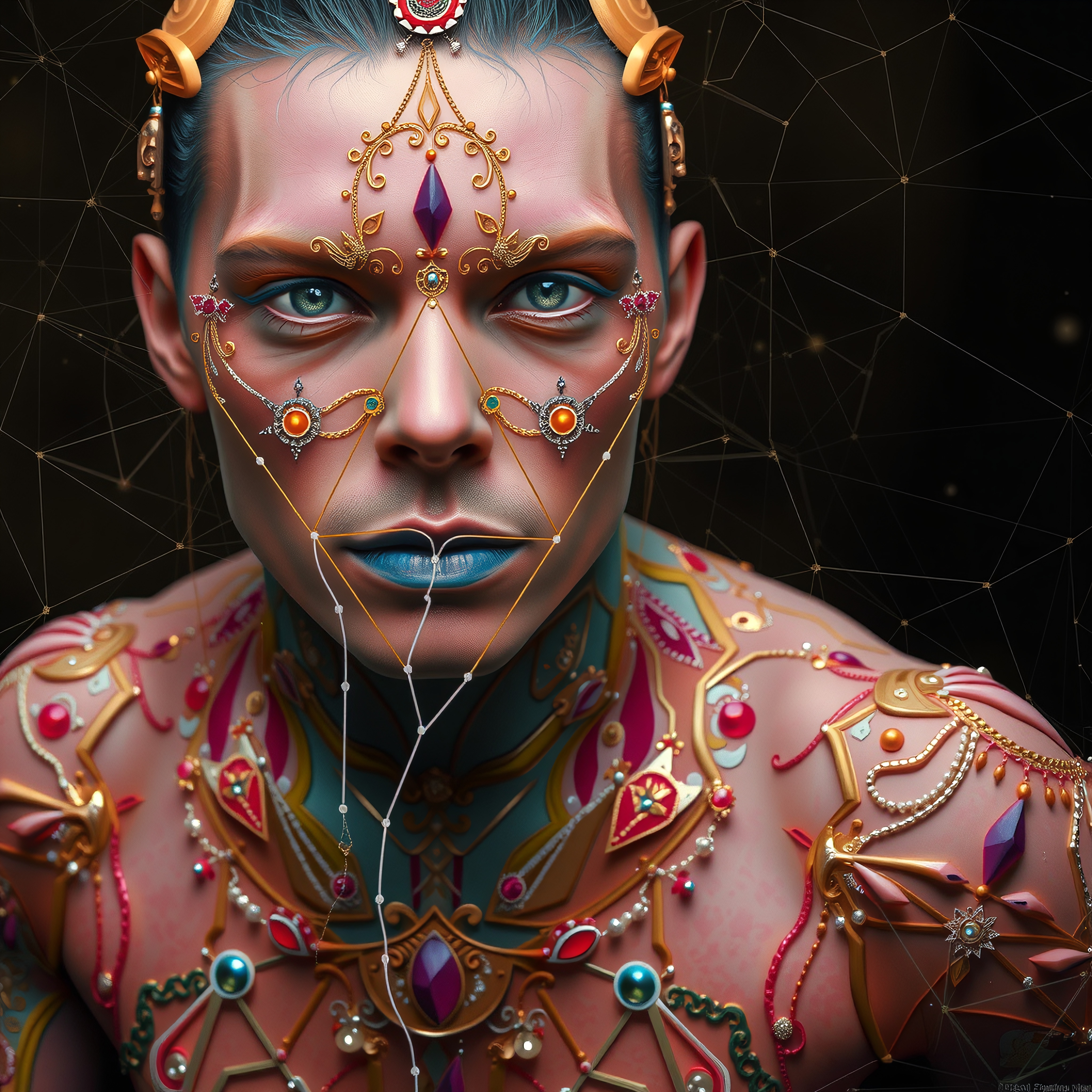 A person with intricate, colorful jewelry and facial adornments in a futuristic style.