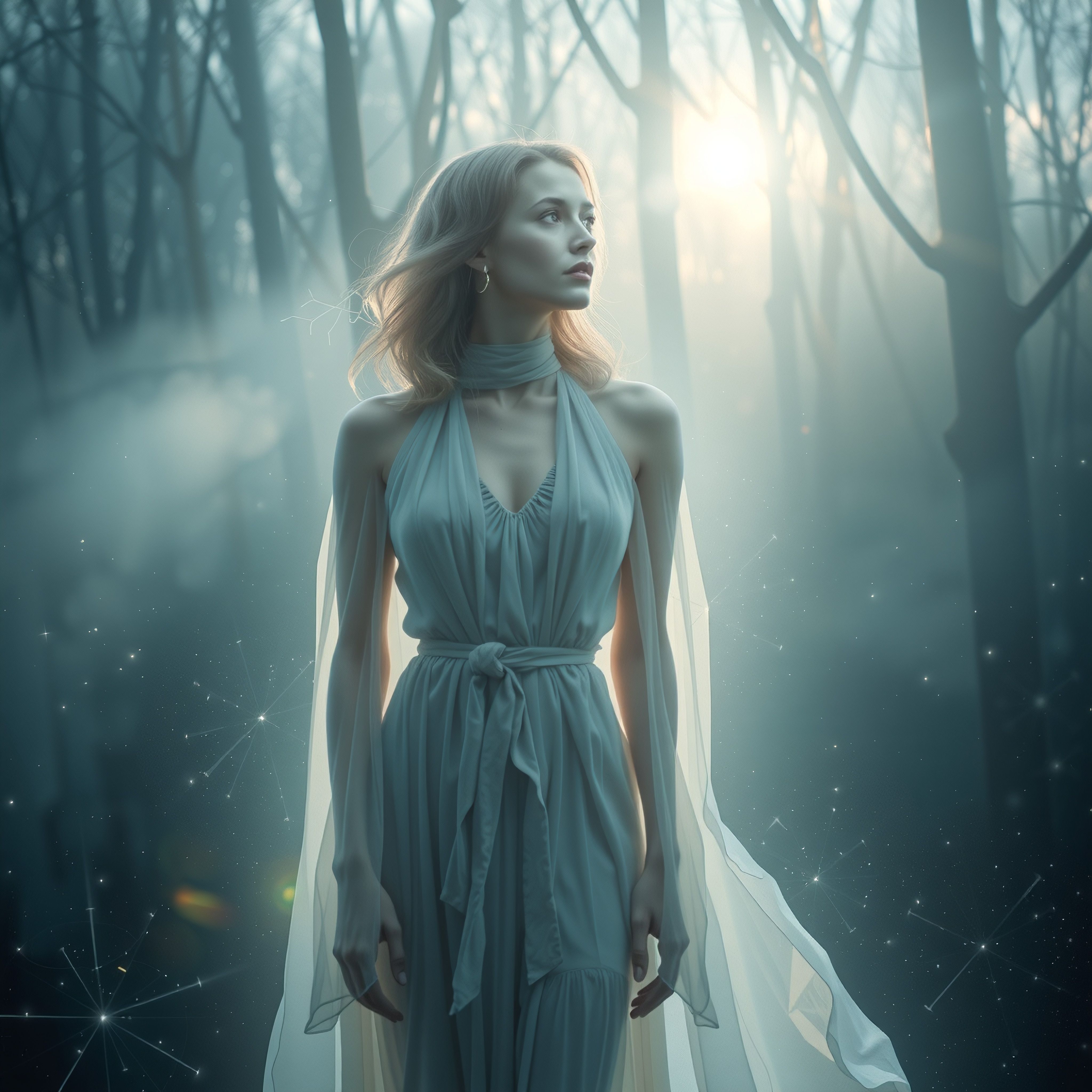 A woman in an ethereal forest amidst glowing particles and moonlight, exuding tranquility.