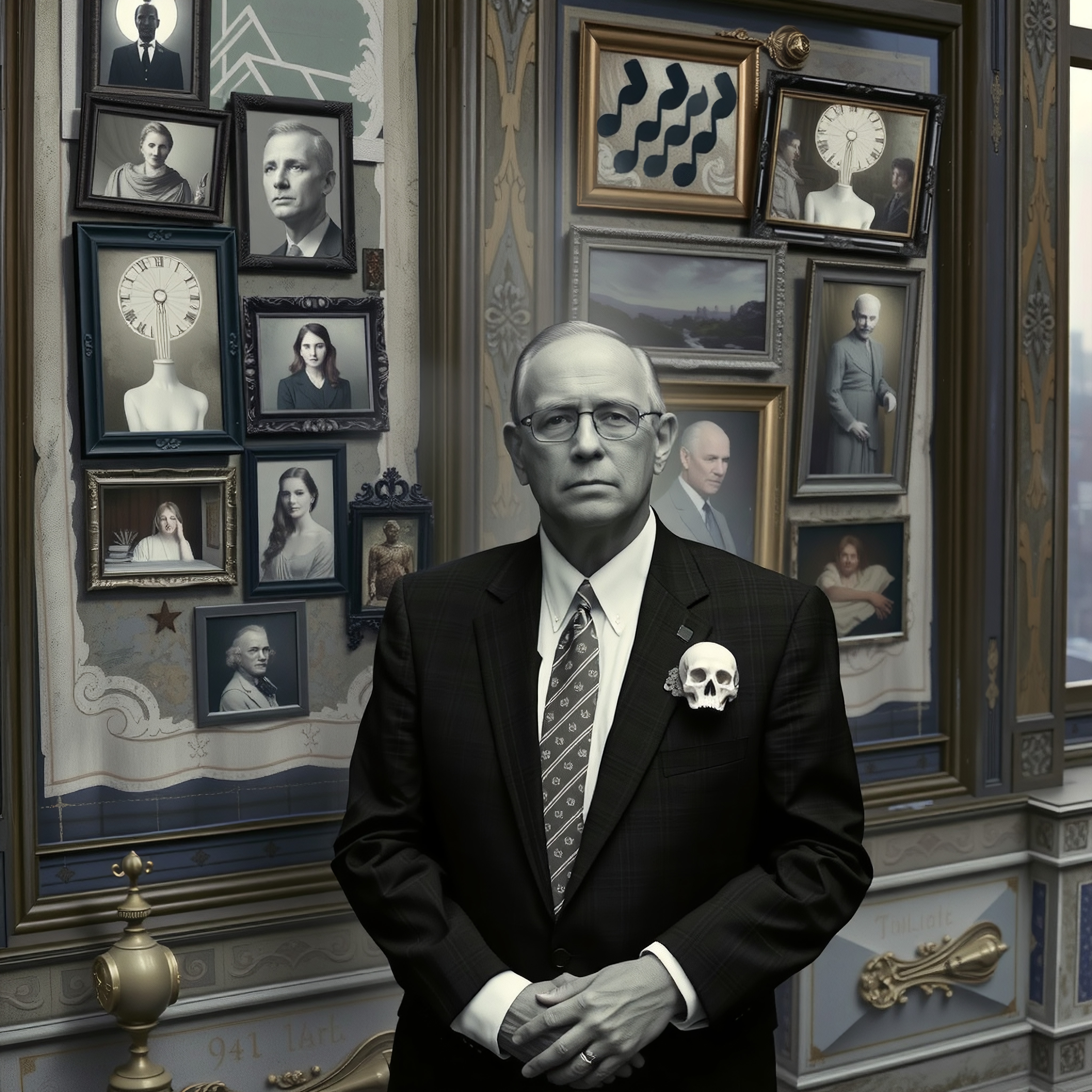 An elderly man in a vintage room surrounded by framed portraits, symbolizing history and aristocracy.