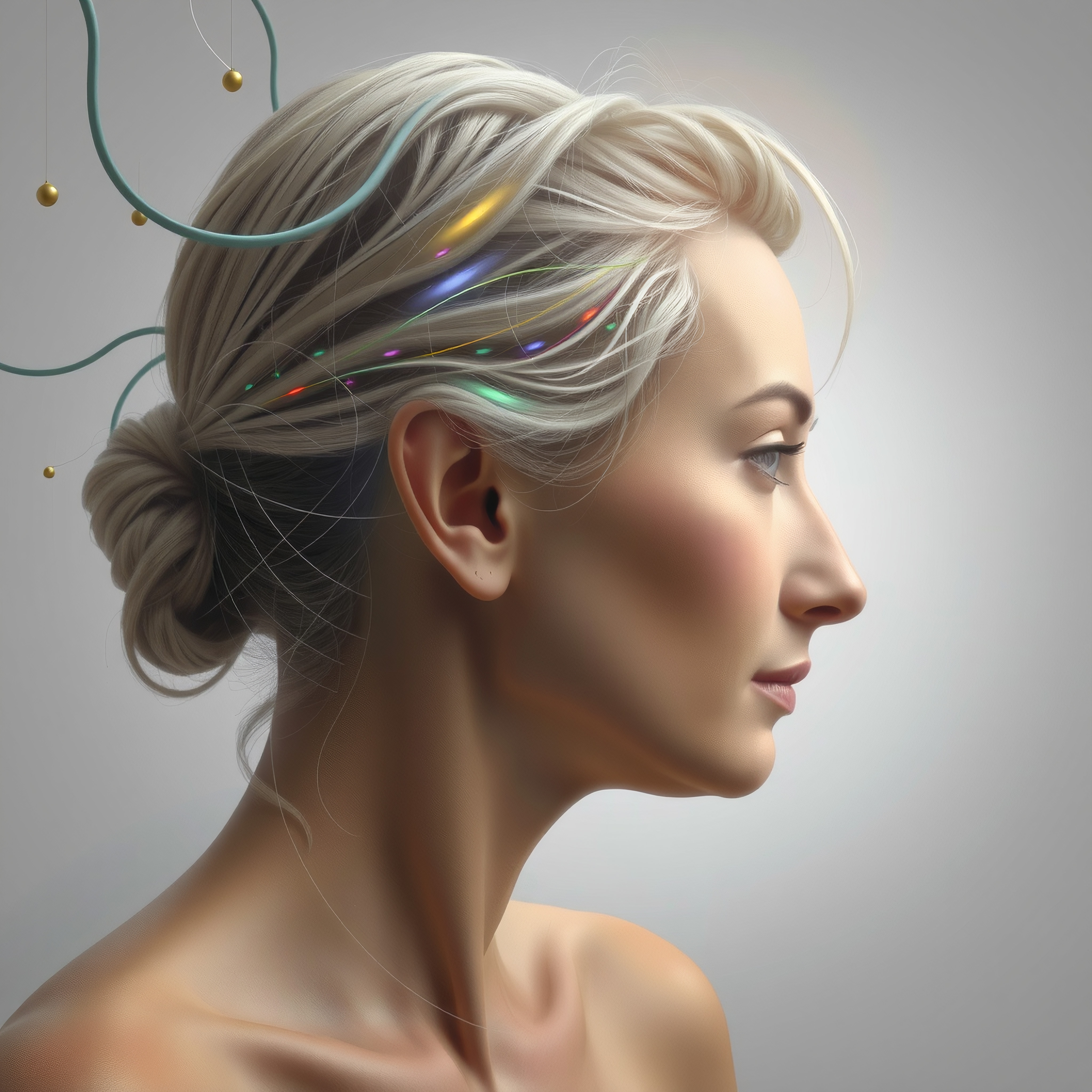 A woman with futuristic digital elements in her hair, combining elegance and technology.
