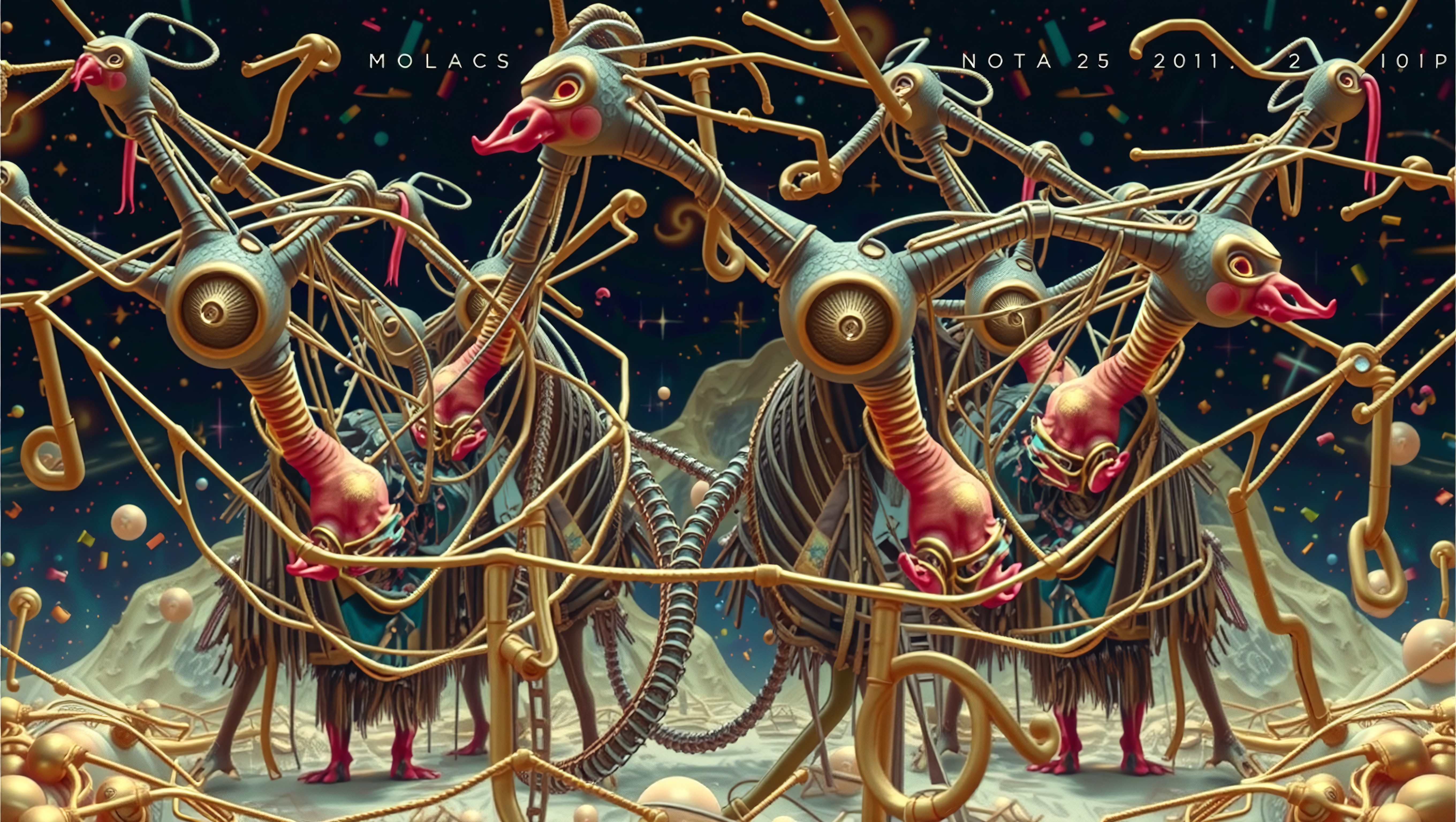 A surreal scene with abstract mechanical creatures in a cosmic landscape.