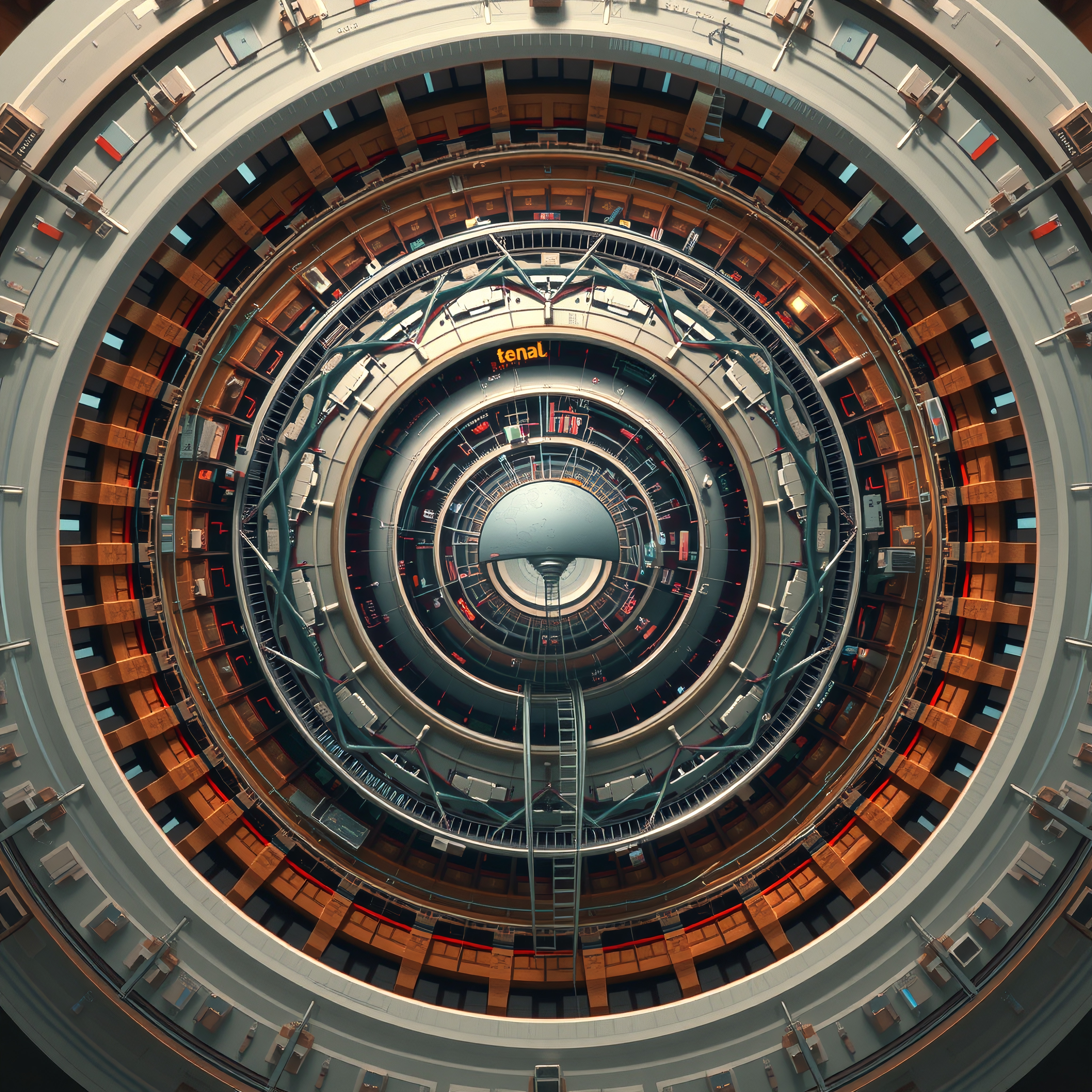Image of intricate concentric circular architecture with futuristic design and optical illusion elements.