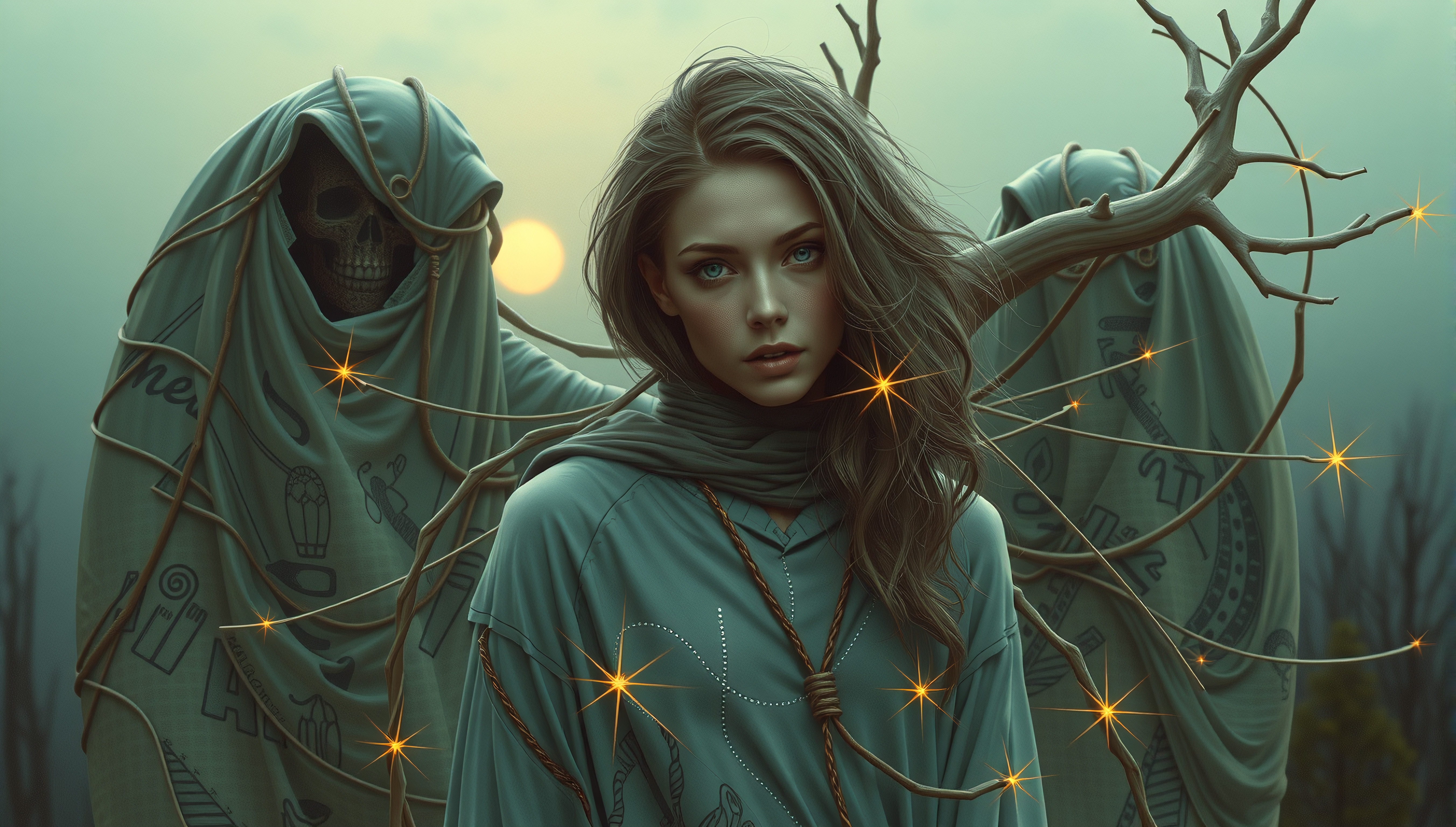 A young woman in a mystical forest with ethereal figures and glowing branches nearby.