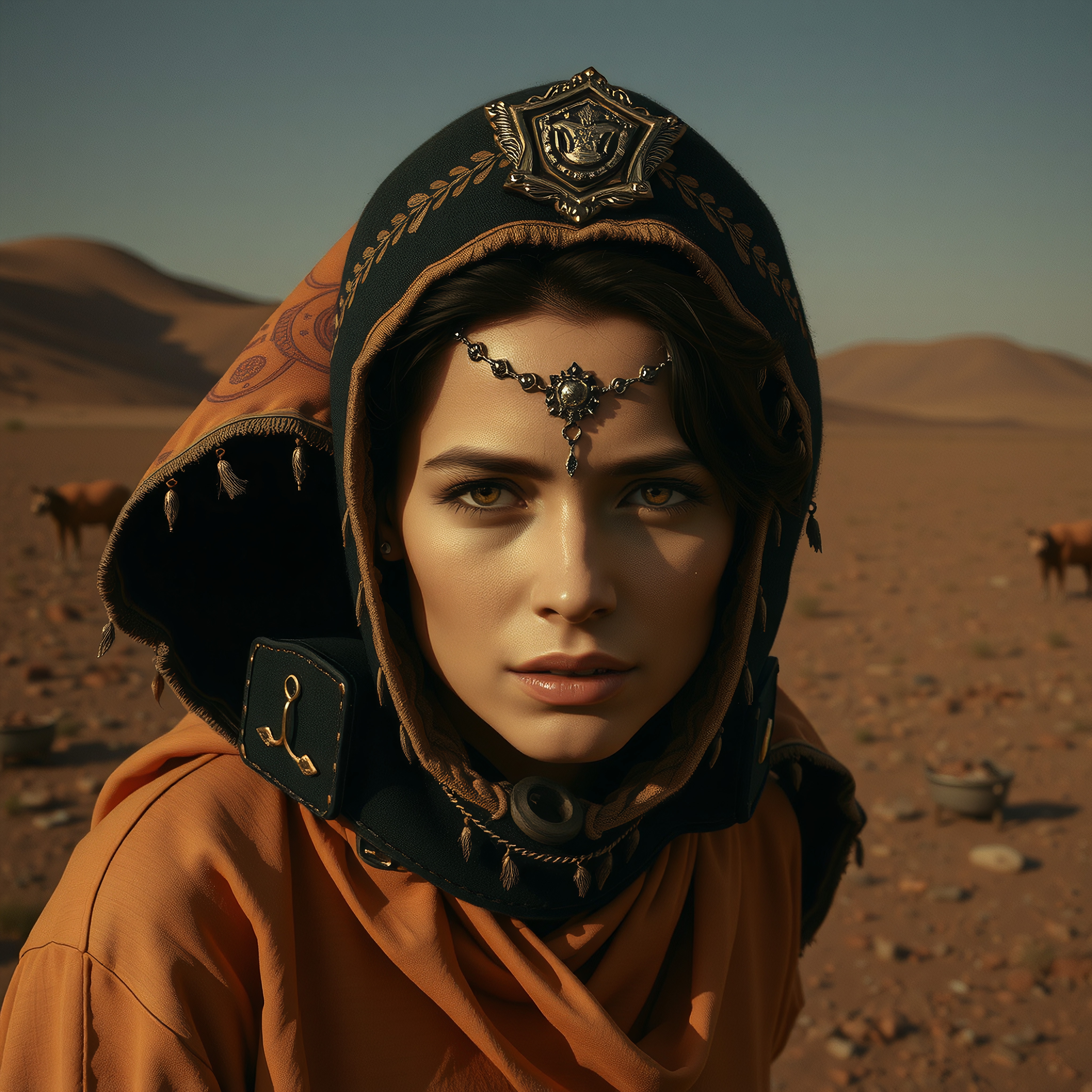 A woman in a decorative hood stands in the desert with camels in the background.
