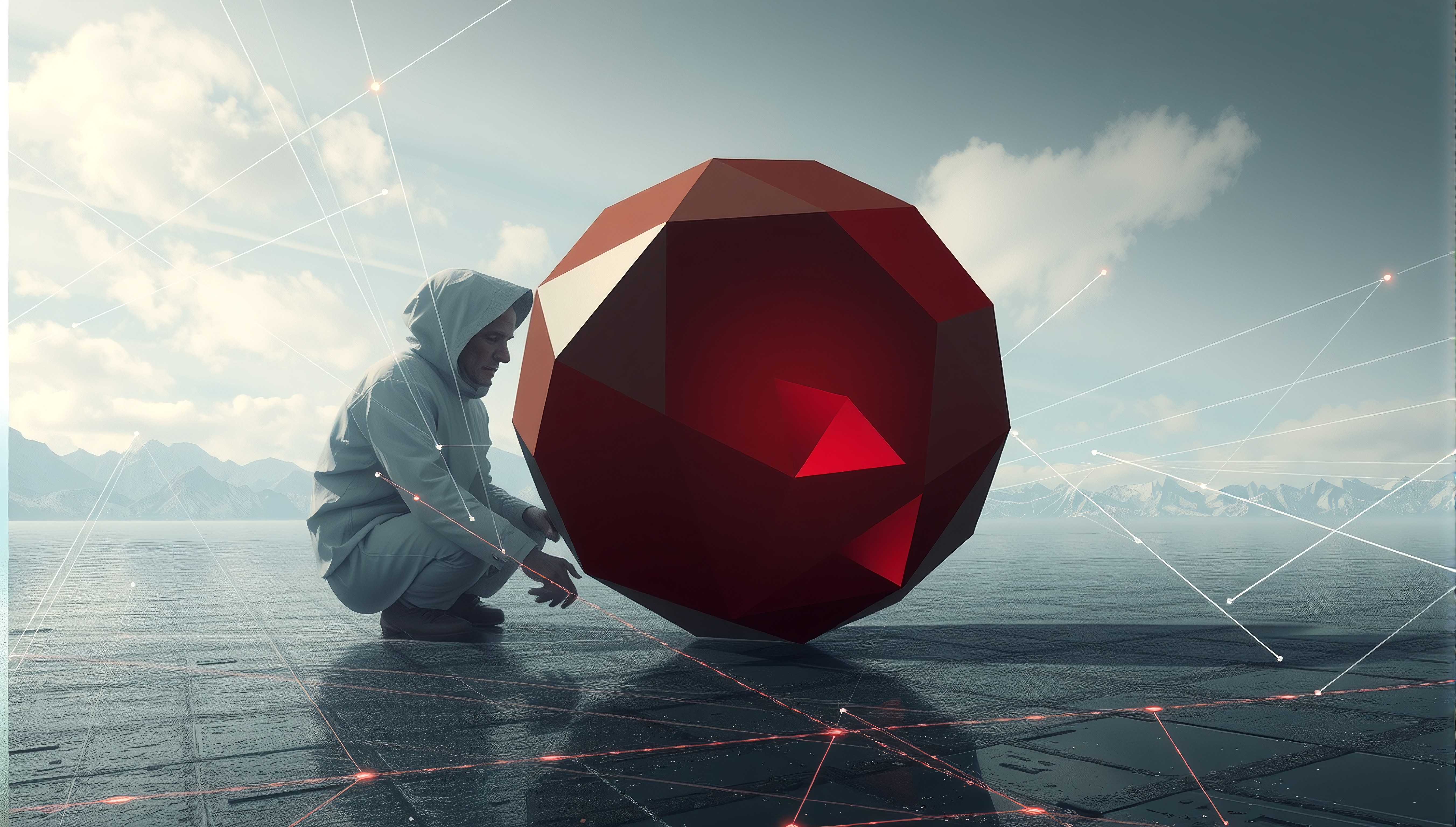A hooded figure examines a red geometric object on an icy plain with mountains in the background.