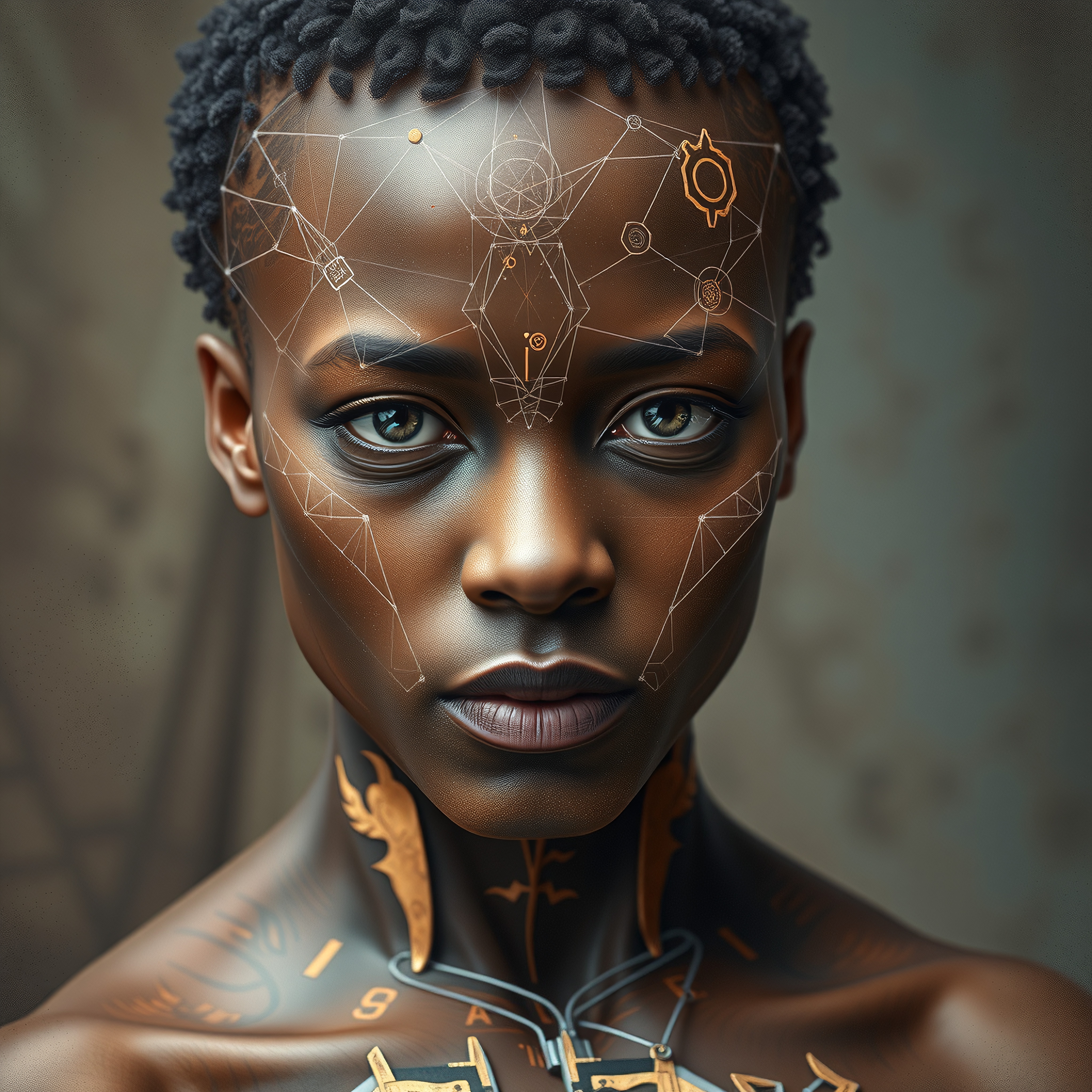 A compelling futuristic portrait featuring intricate geometric patterns on a young individual's face, highlighting technological elegance.