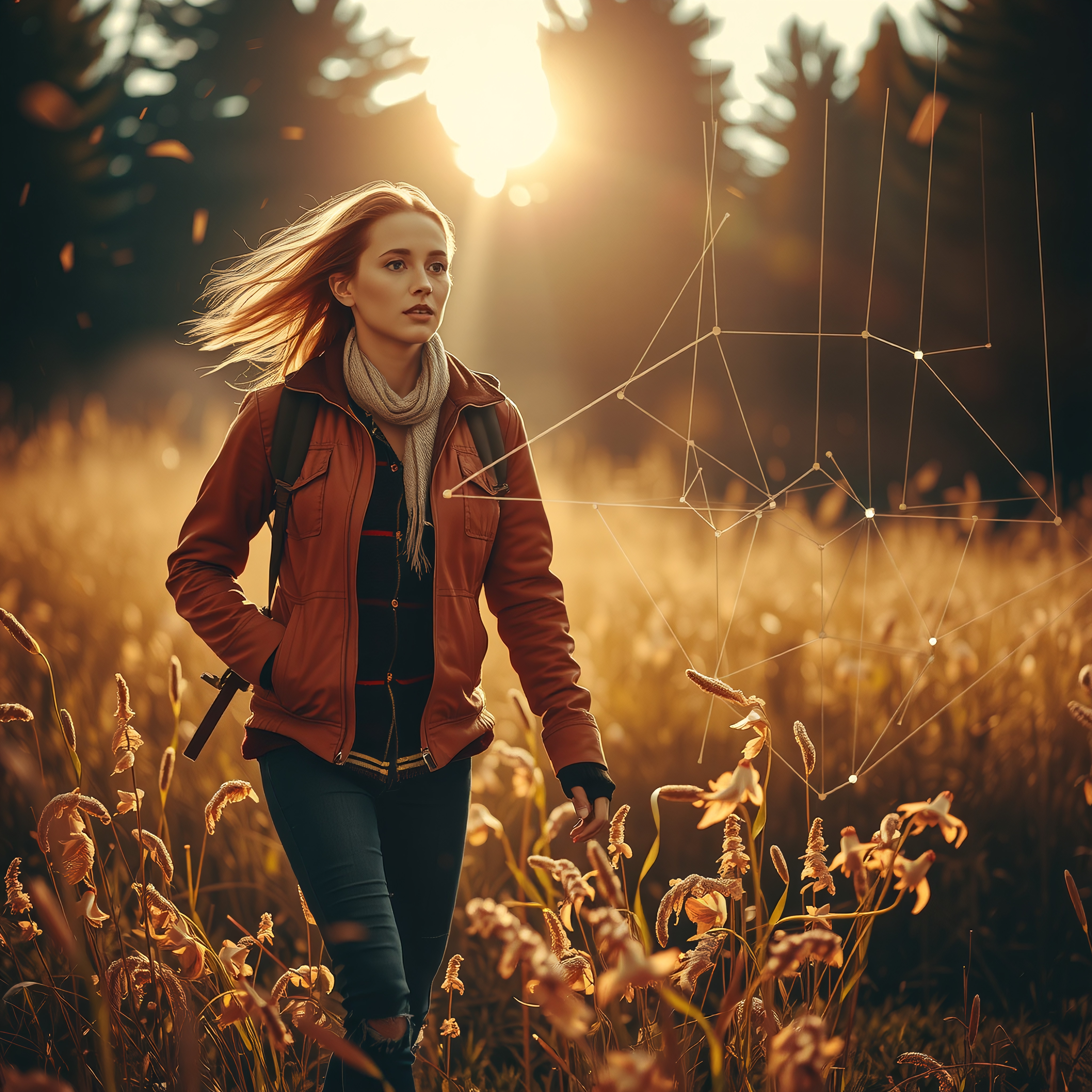 A young woman exploring a sunlit autumn field with a digital overlay.