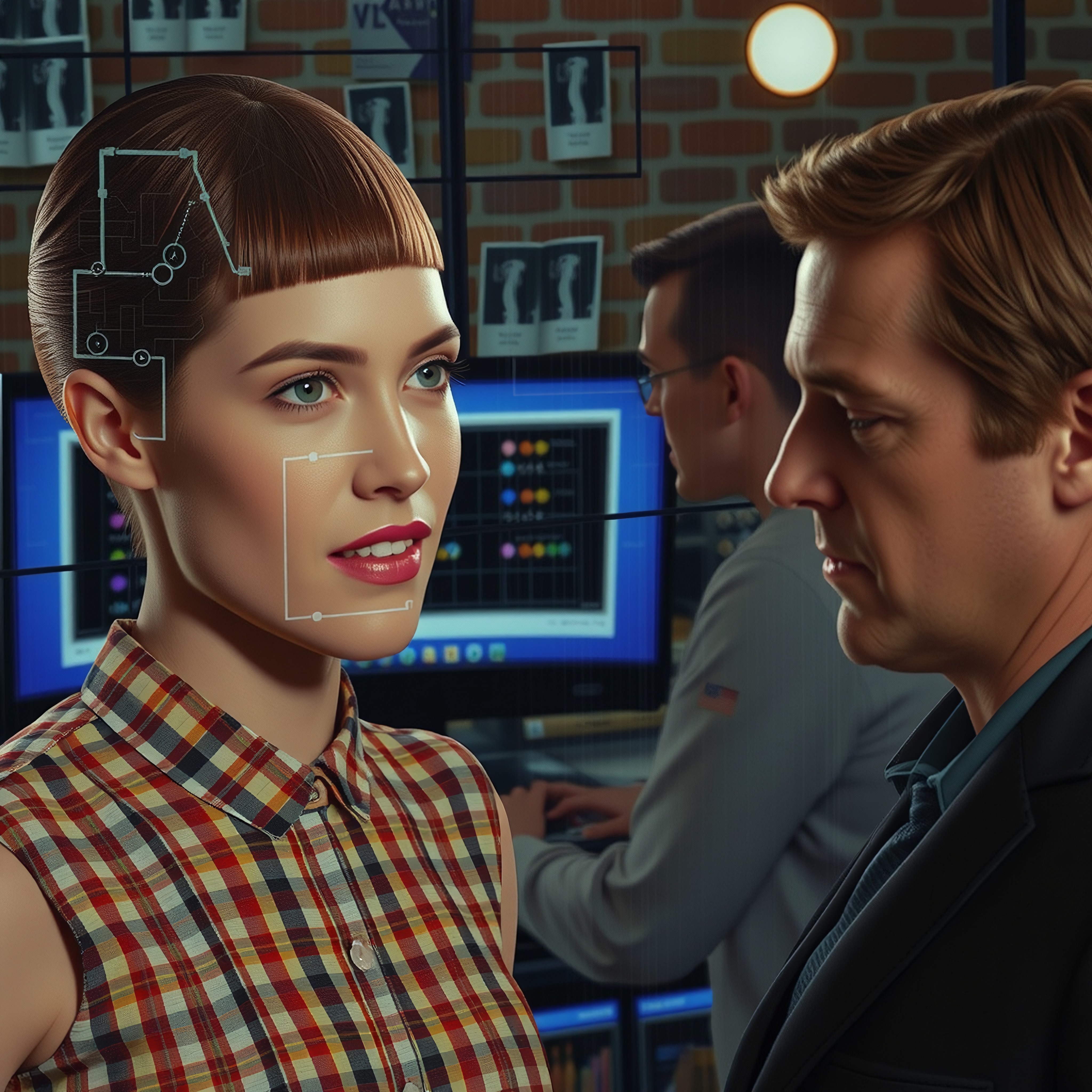 A woman with digital overlays on her face stands beside a man, with a lab worker in the background, creating a high-tech and investigative scene.