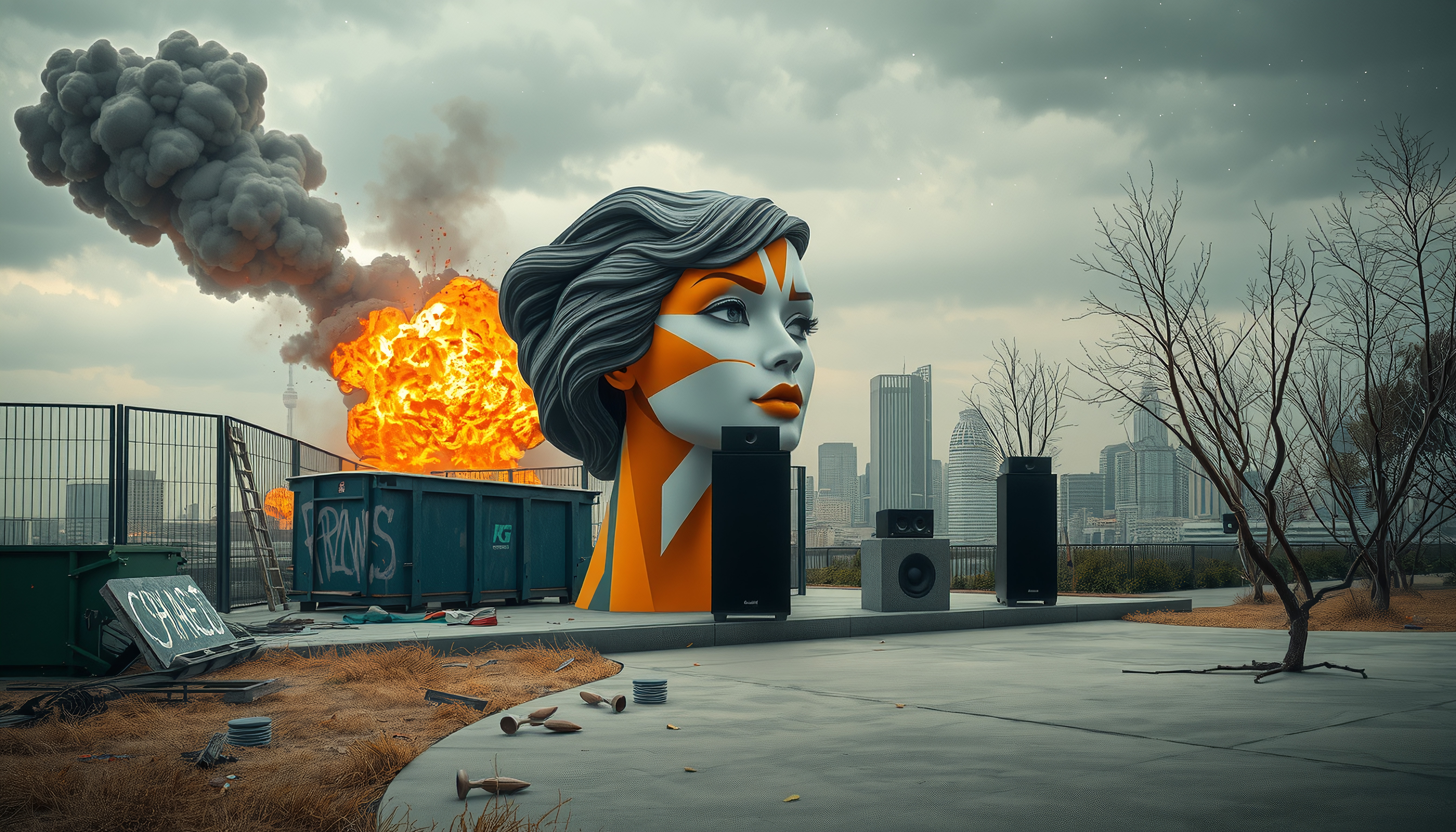 A vividly colored sculpture amidst urban skyline explosion.