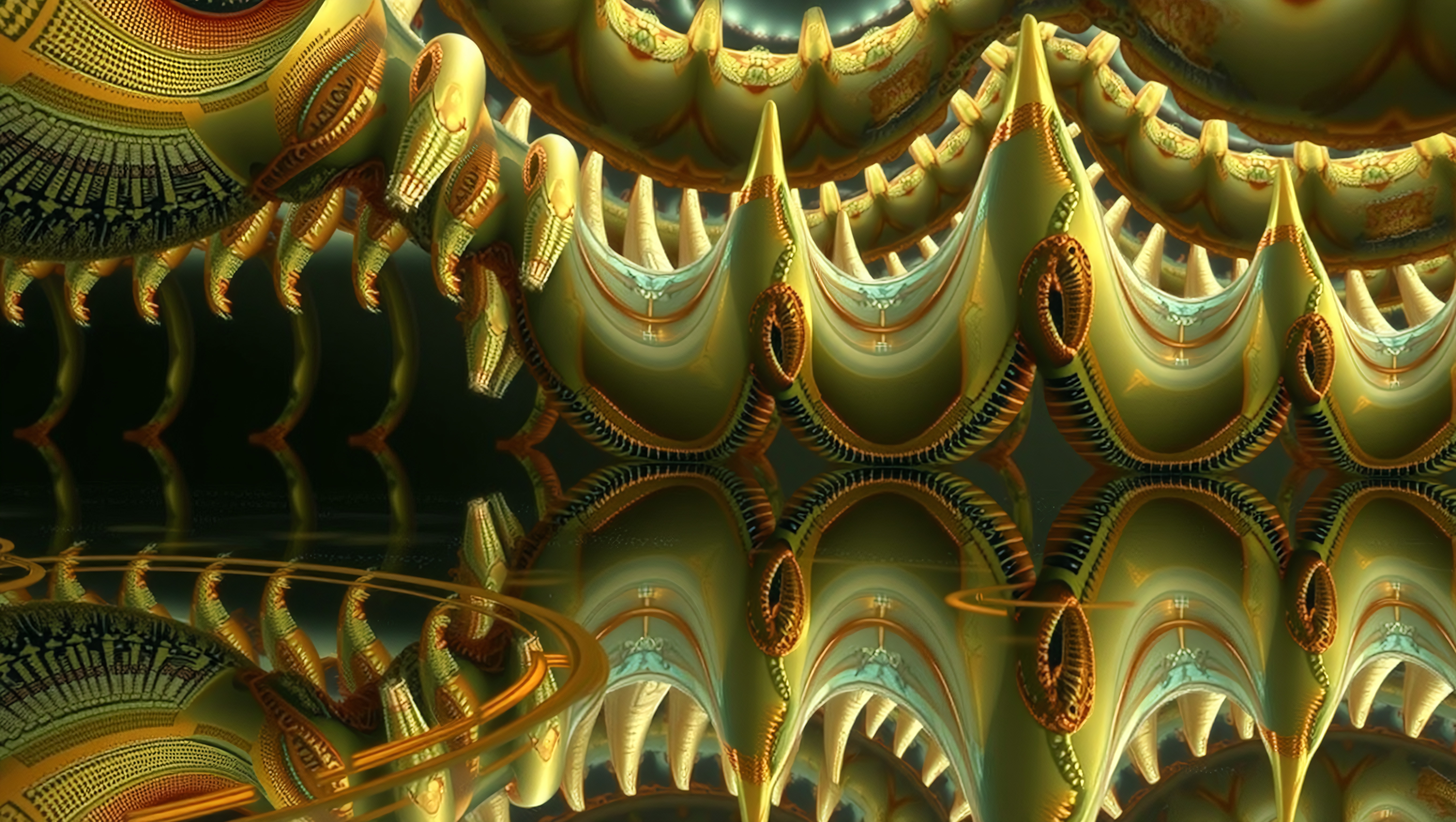 A detailed fractal pattern with gold and yellow reflections.
