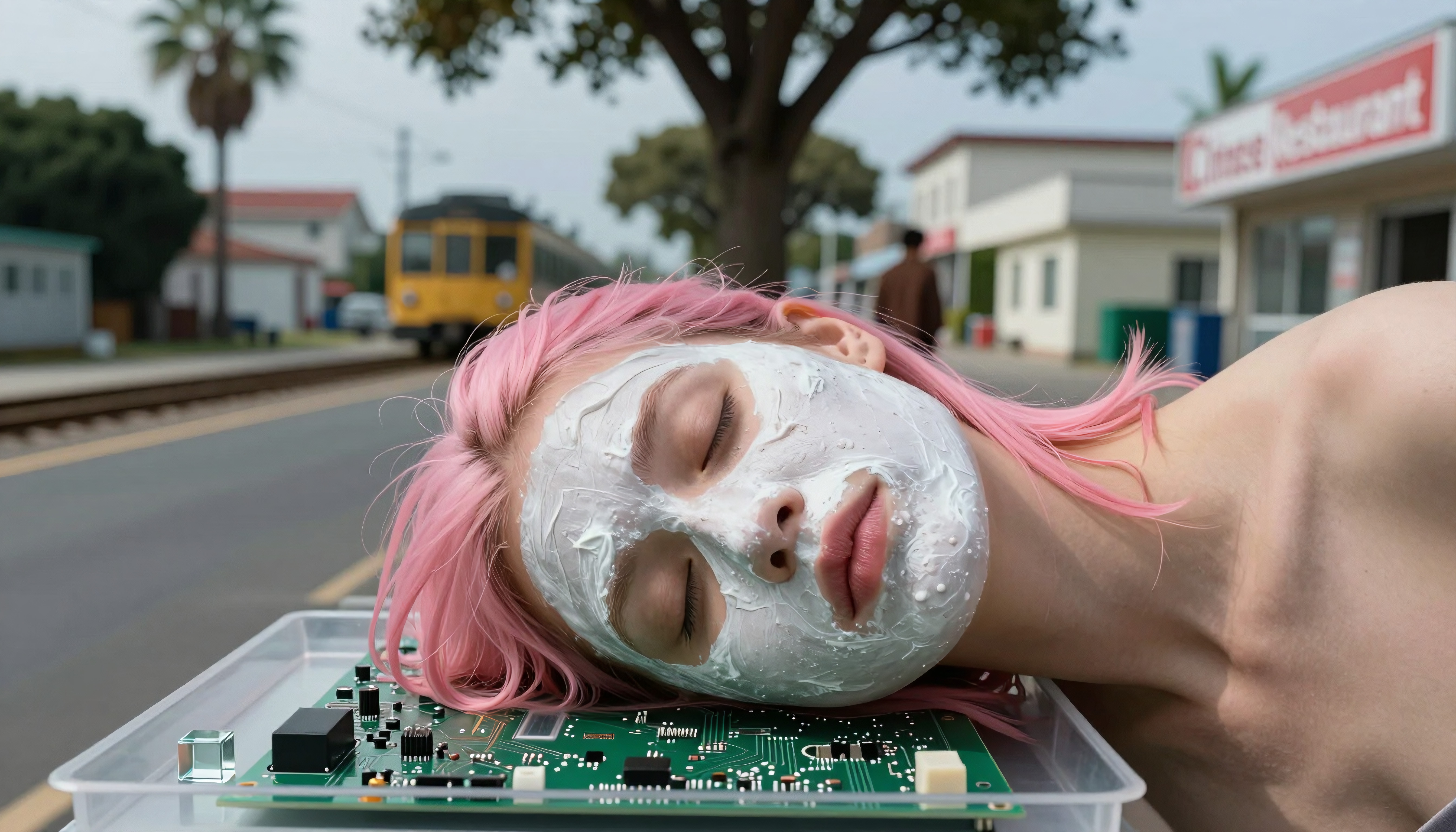 Young person with facial mask rests head on circuit board in city.