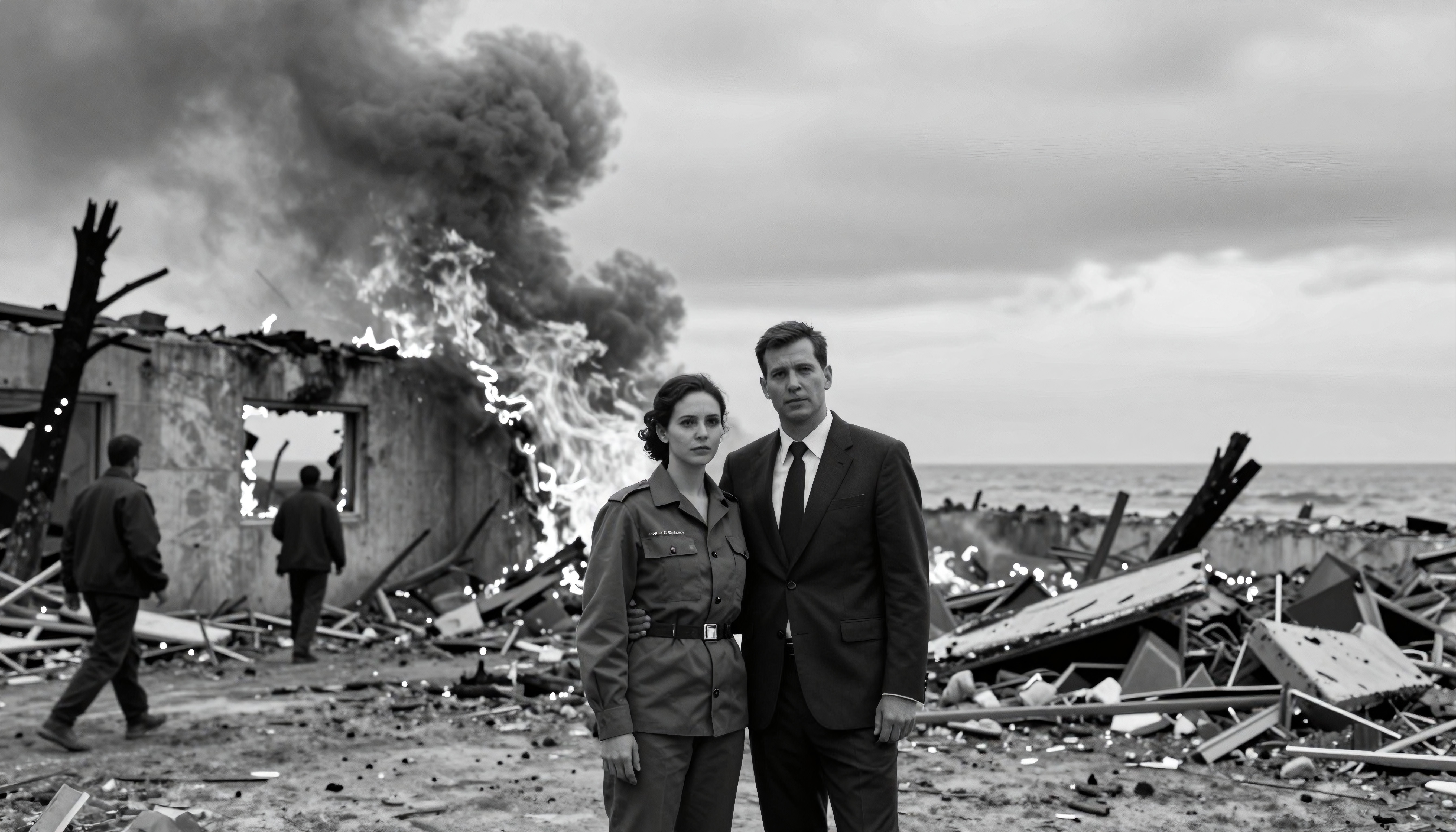 Two individuals stand by a burning wreckage.