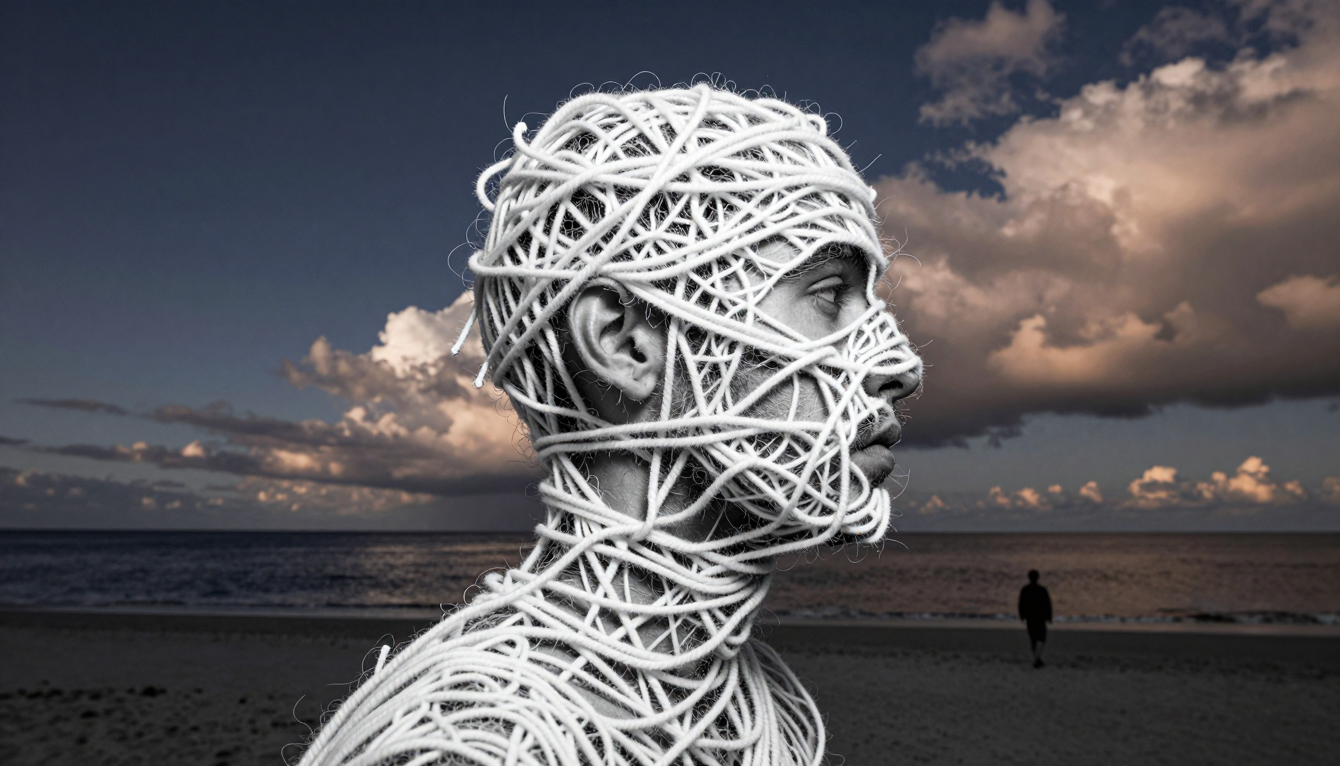 A man with head wrapped in rope stands by the ocean under a dramatic sky, evoking contemplation and entrapment.