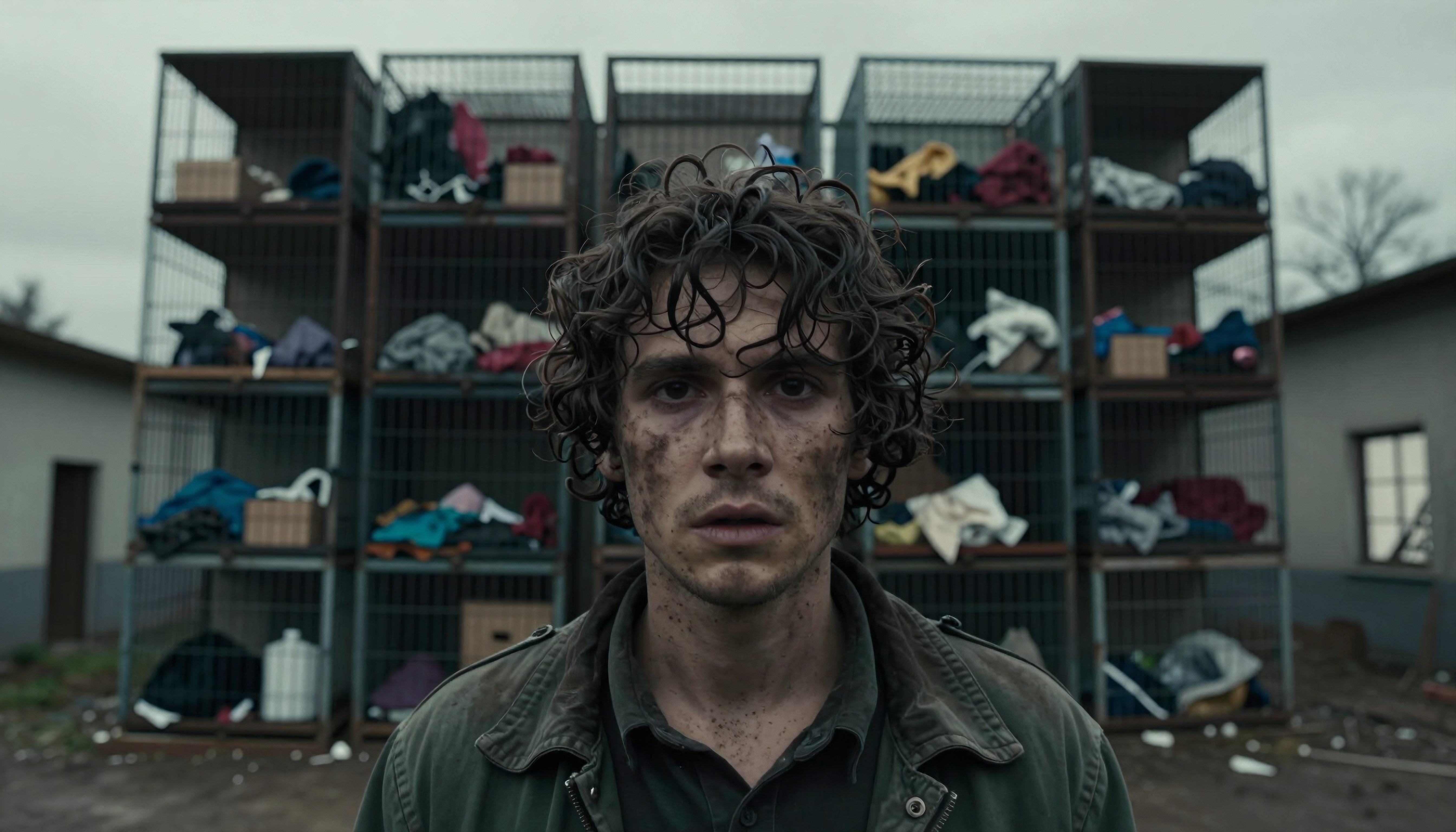 Young man stands before cluttered cages, face dirtied, intense gaze.
