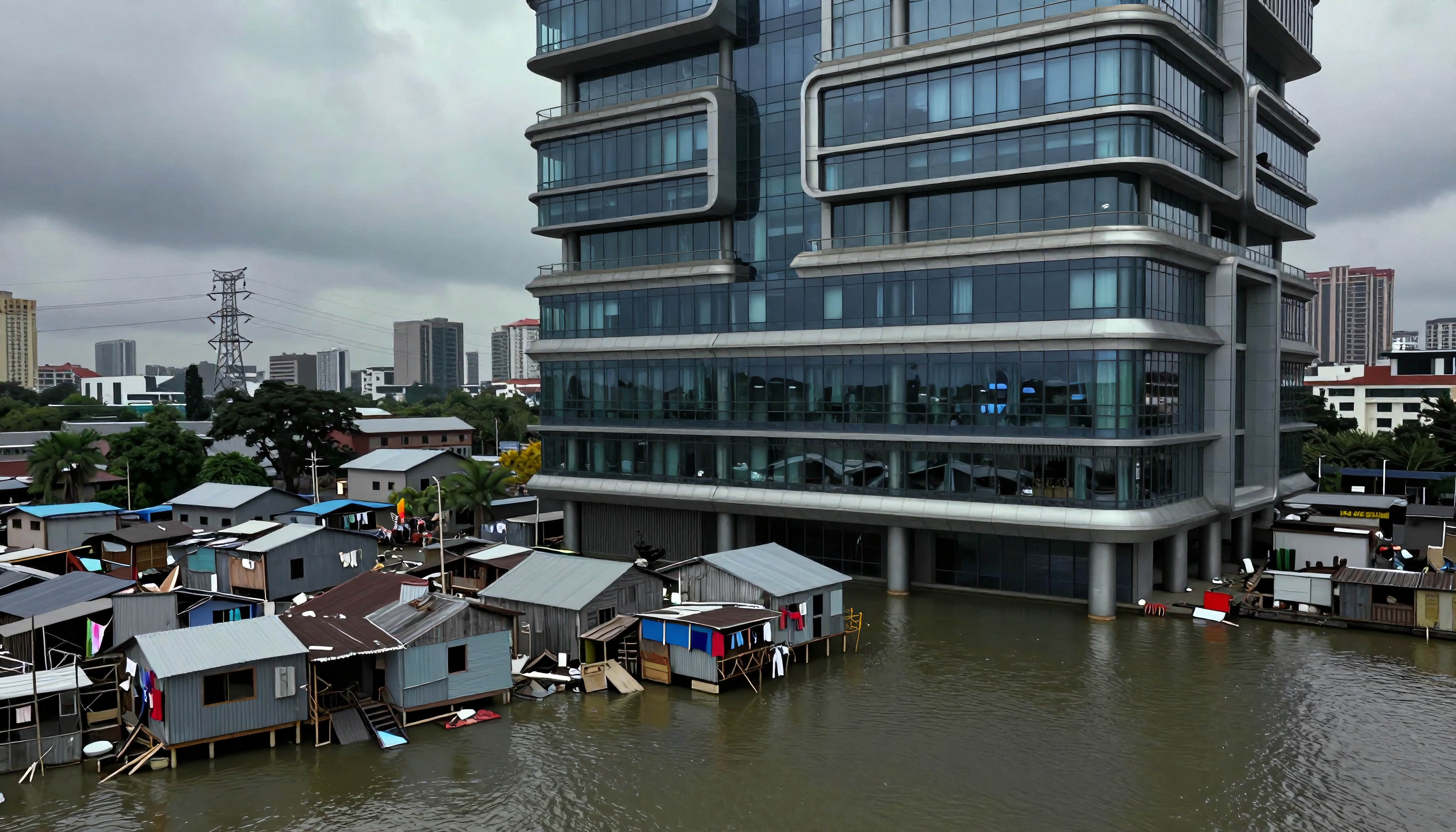 Large glass building by stilt houses showcasing urban poverty.