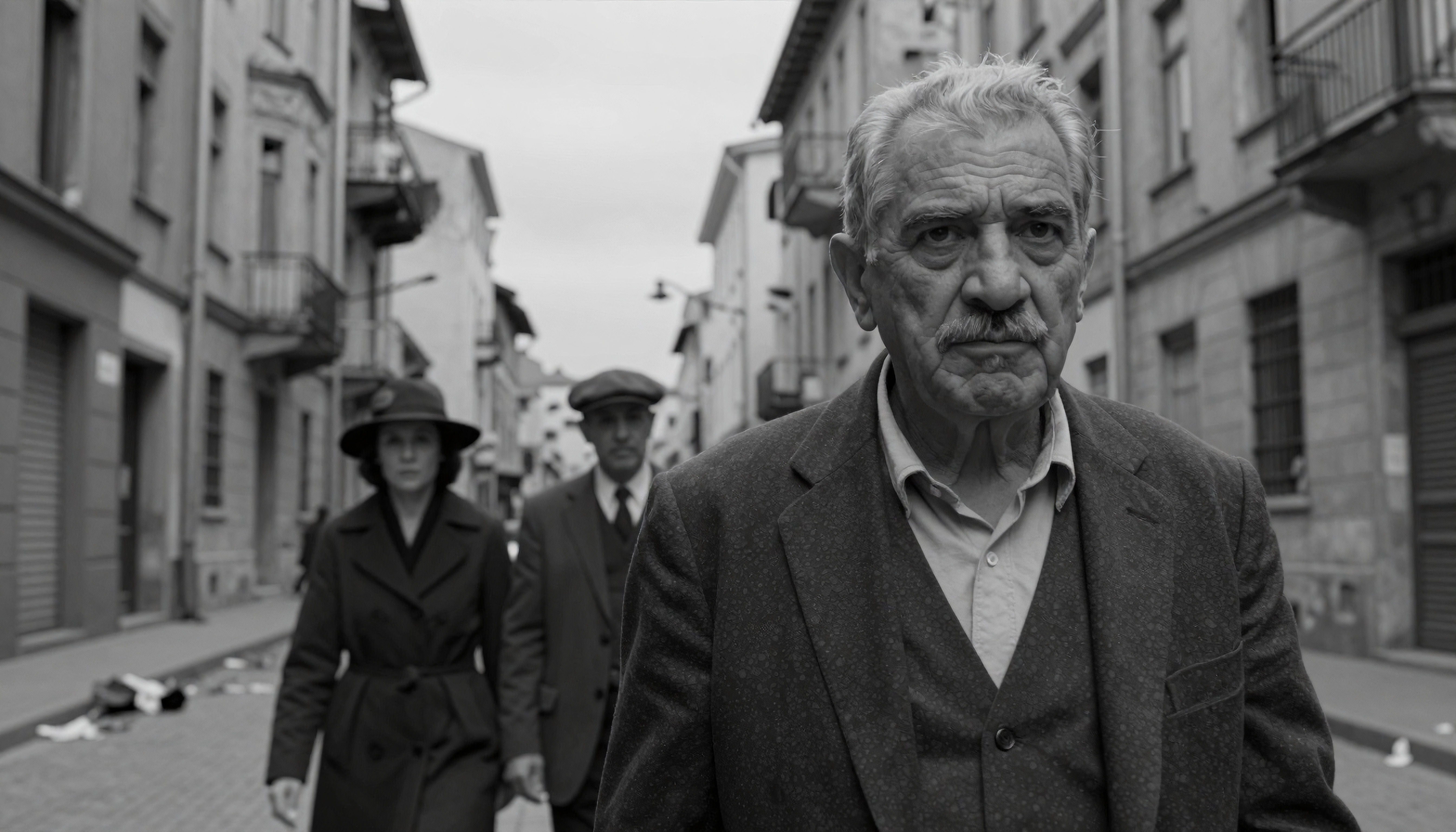 An elderly man in a suit leads a walk down a monochrome city street followed by two others.