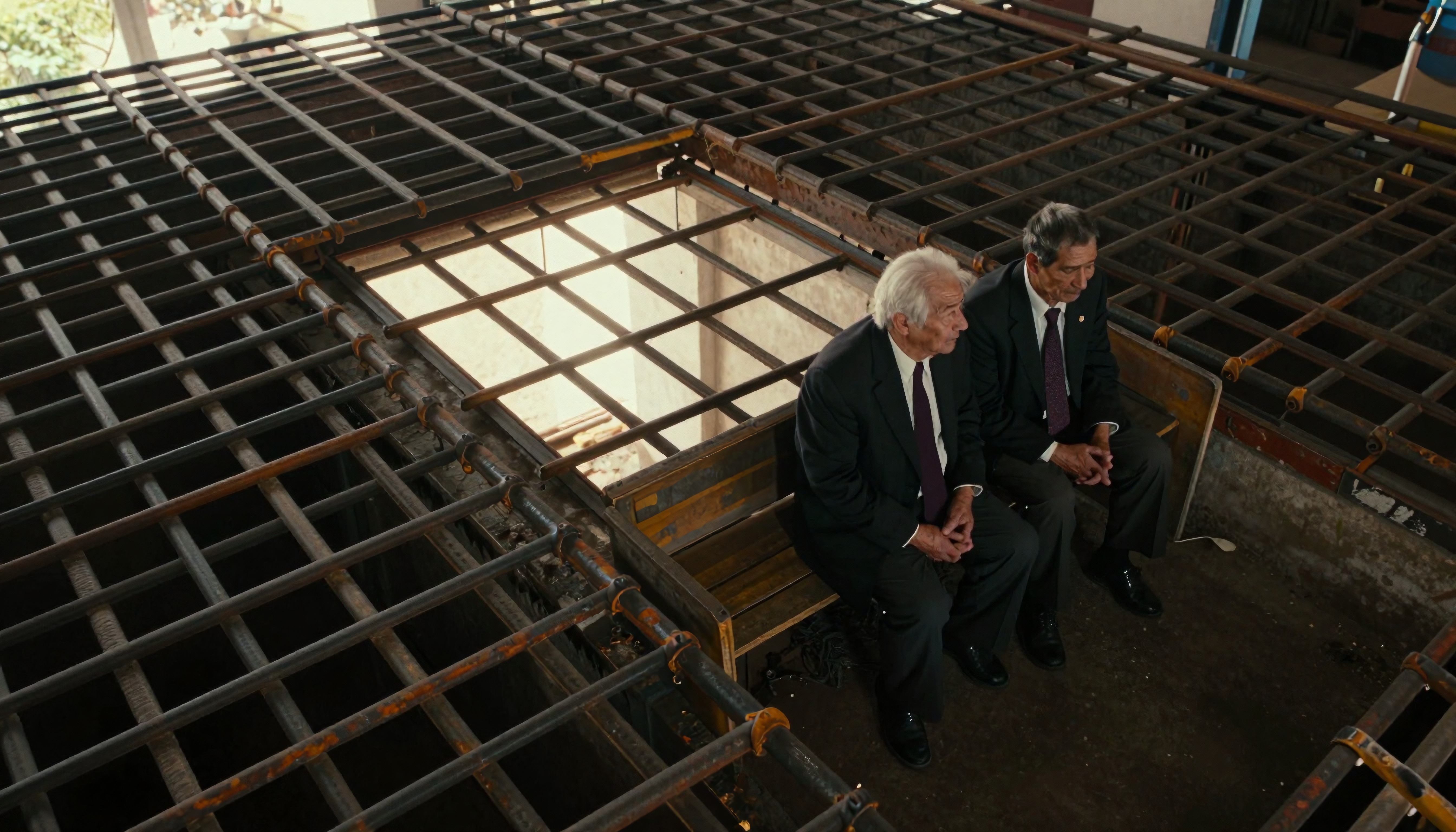 Two men in formal suits sit pensively inside a metal-bar structure, sunlight filtering through.