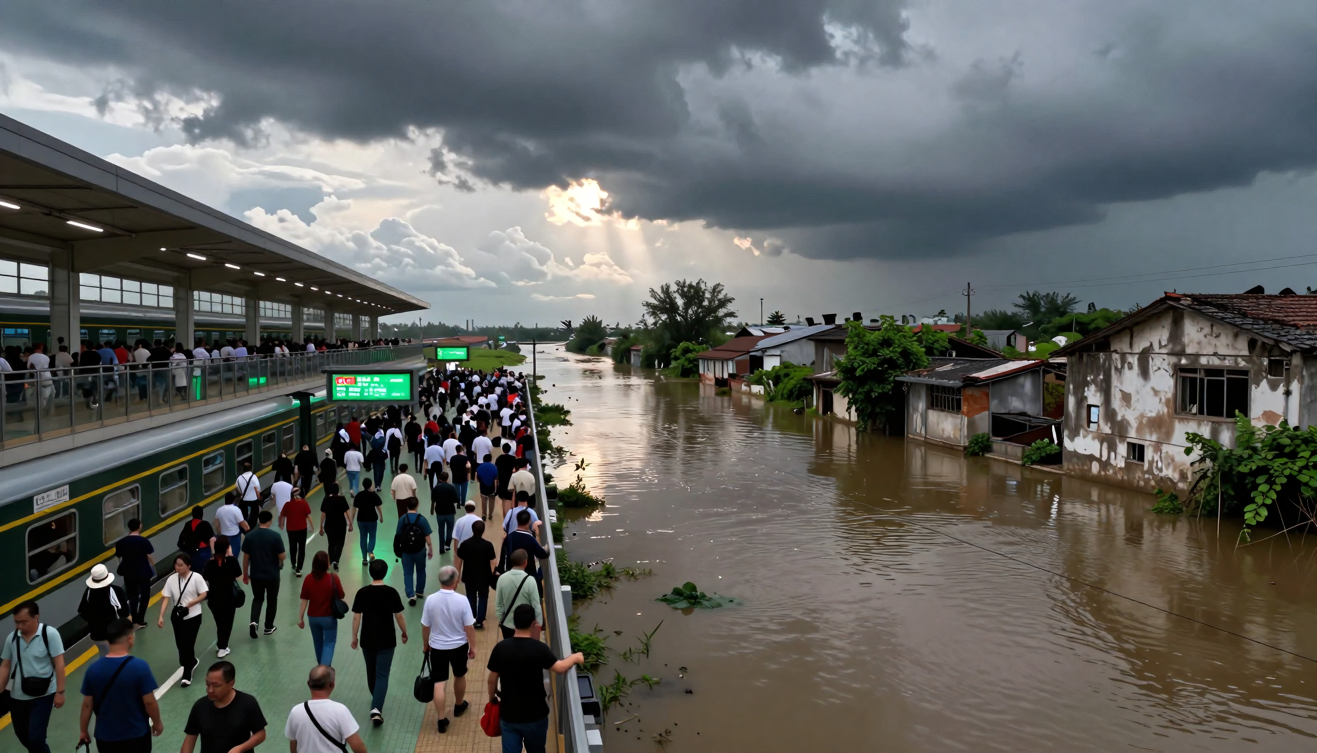 A crowded train station platform beside floodwaters under stormy skies, highlighting the juxtaposition of human resilience and nature's unpredictability.