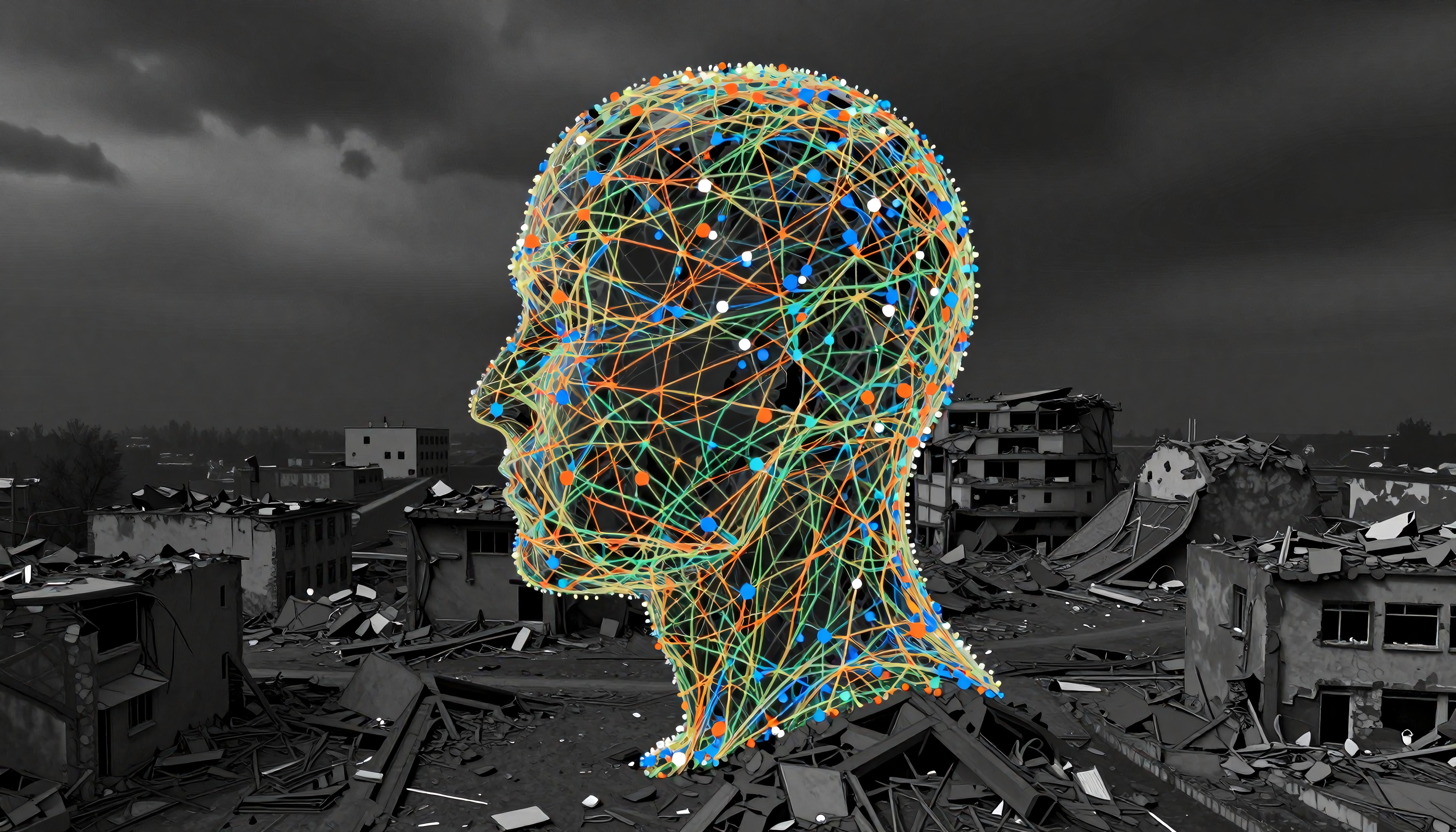 A colorful neural network head overlaid on a grayscale image of urban destruction, symbolizing technology amidst chaos.
