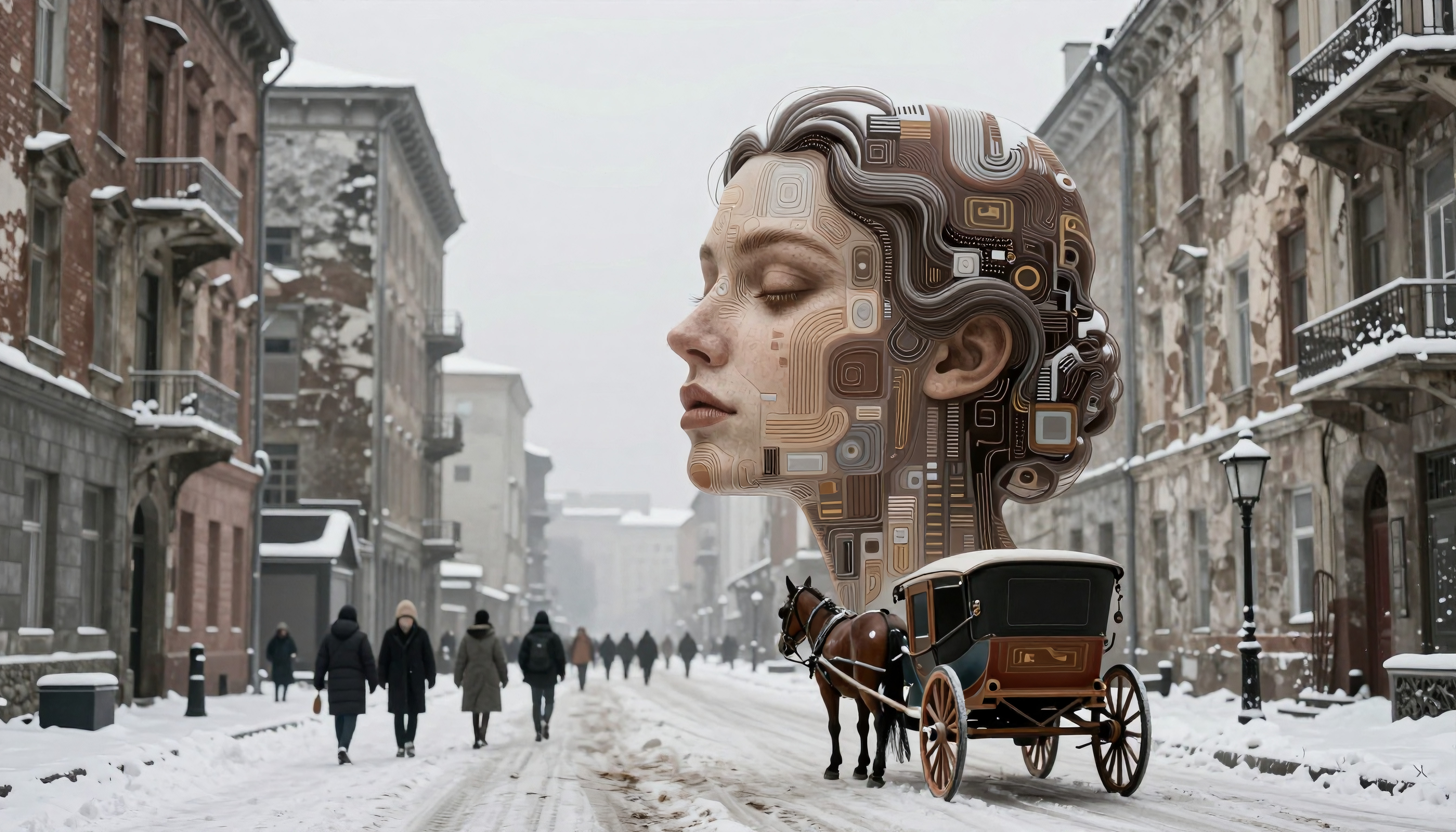 A surreal scene of a giant, circuit-patterned head sculpture on a snowy, historical city street.