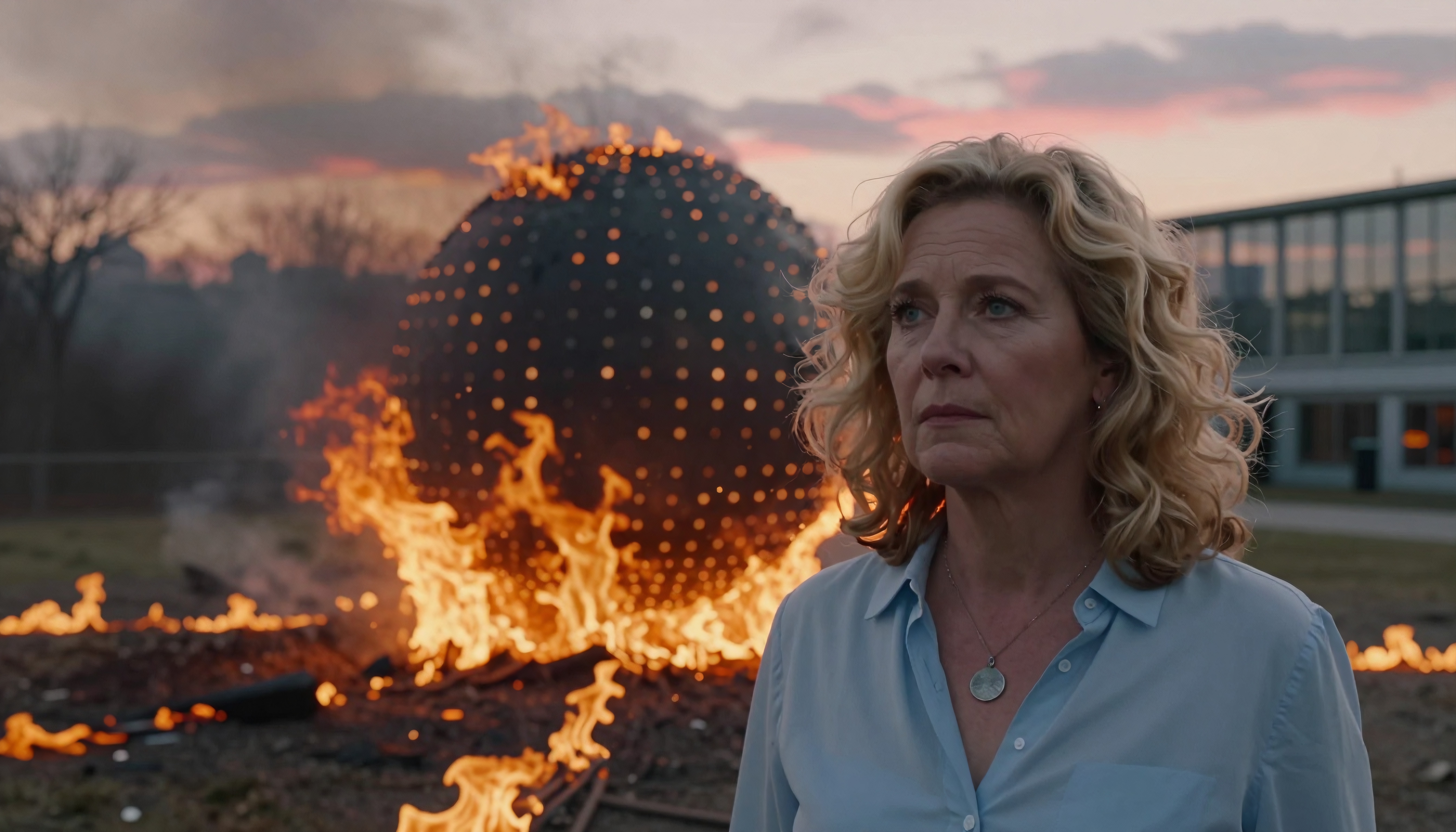 A woman stands before a blazing spherical sculpture, flames rising against a pink and orange sky.
