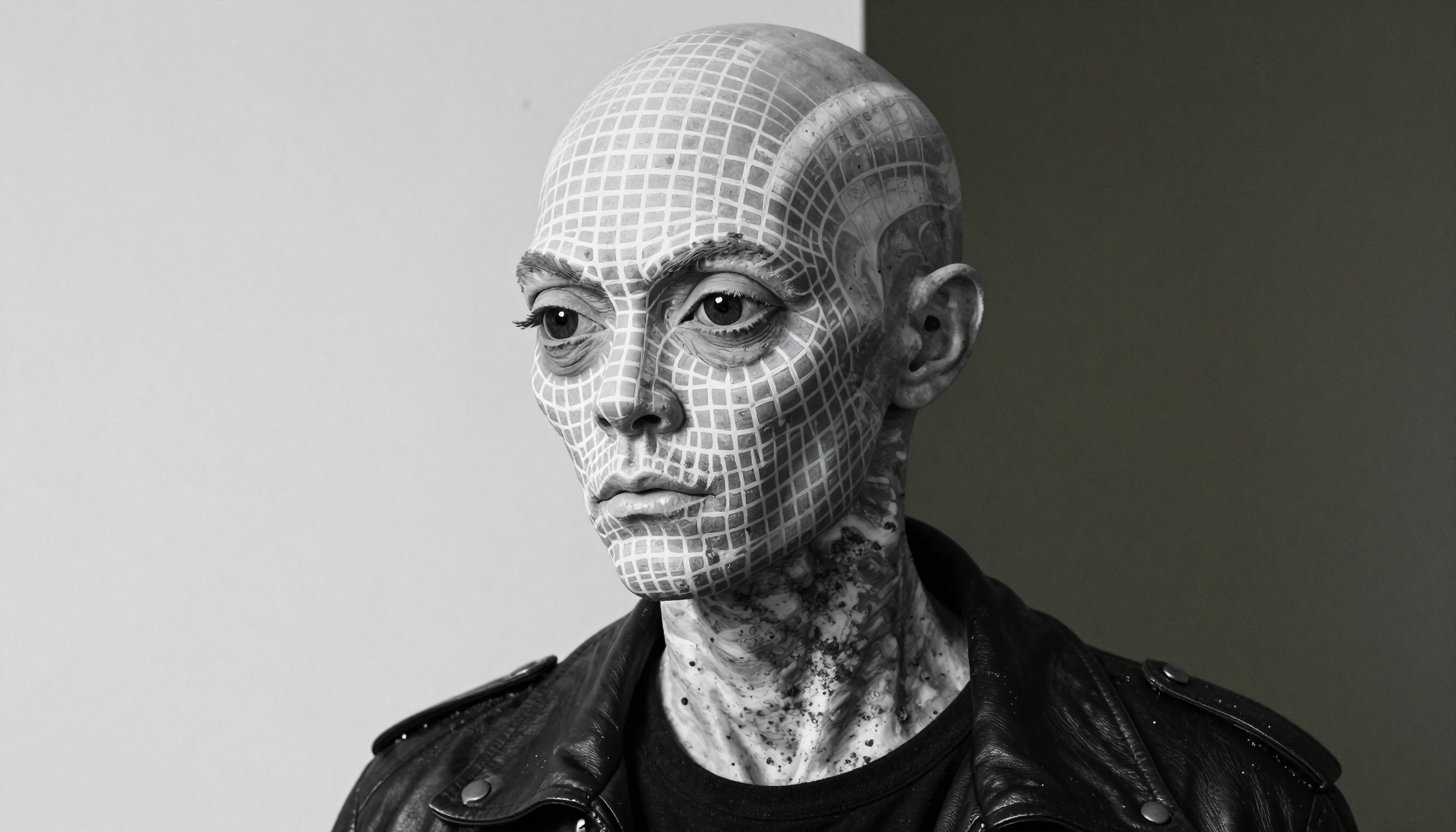 A person with grid-pattern skin wearing a leather jacket against a contrasting gray background.