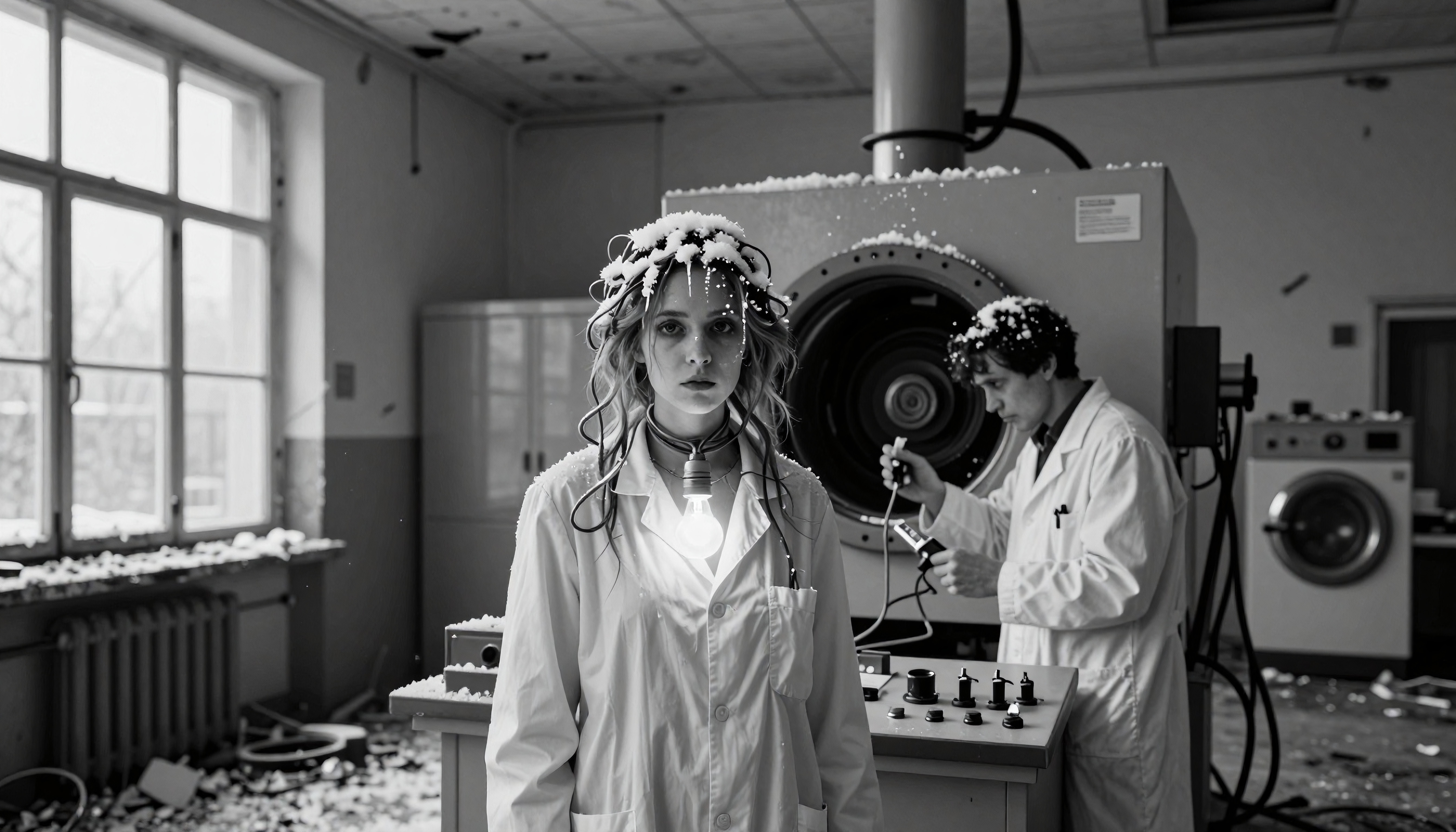 A woman in a laboratory wearing a contraption with glowing light bulb, surrounded by scientific equipment and foam.