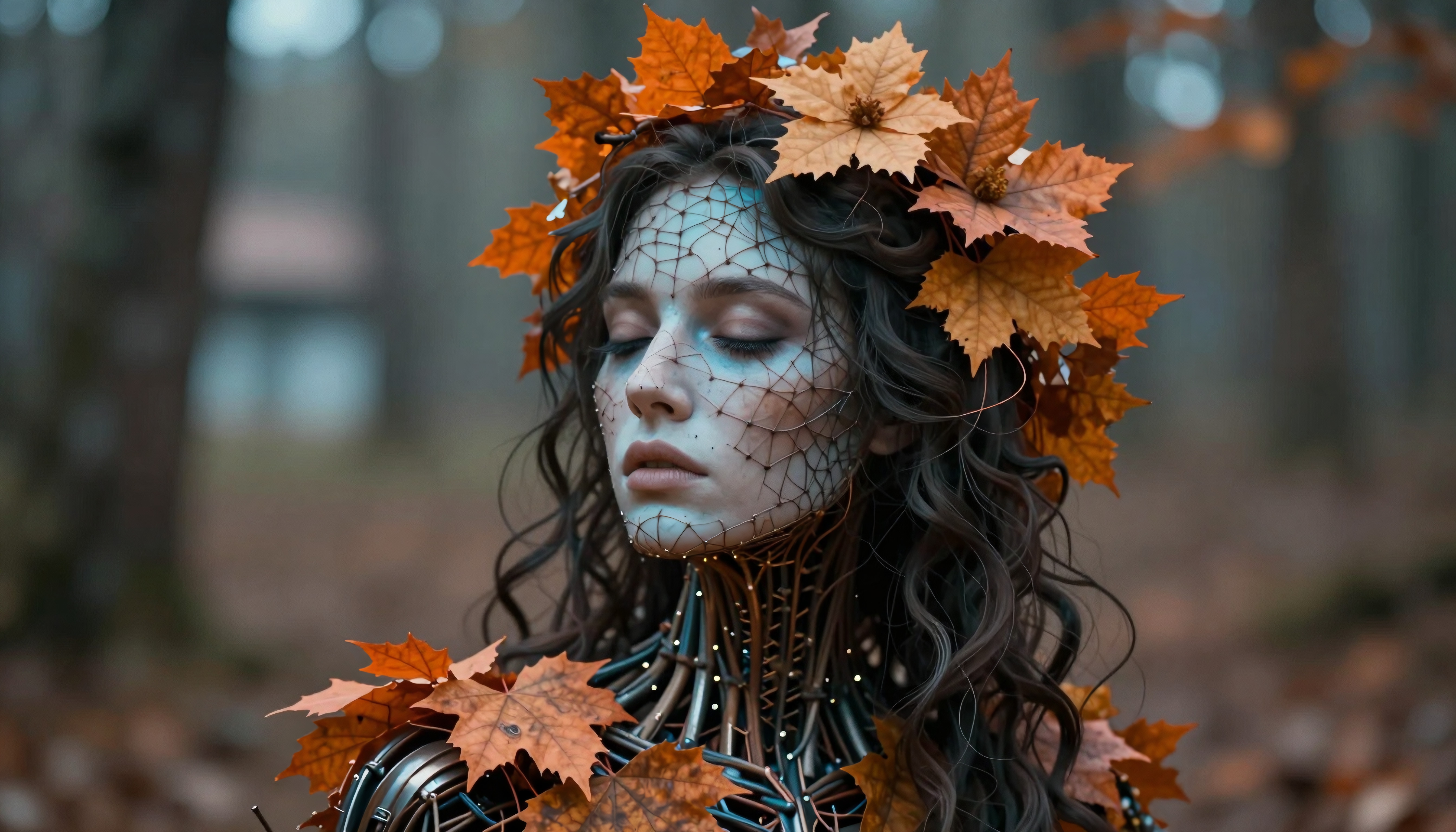 A humanoid with autumn leaves and metallic elements in a forest.