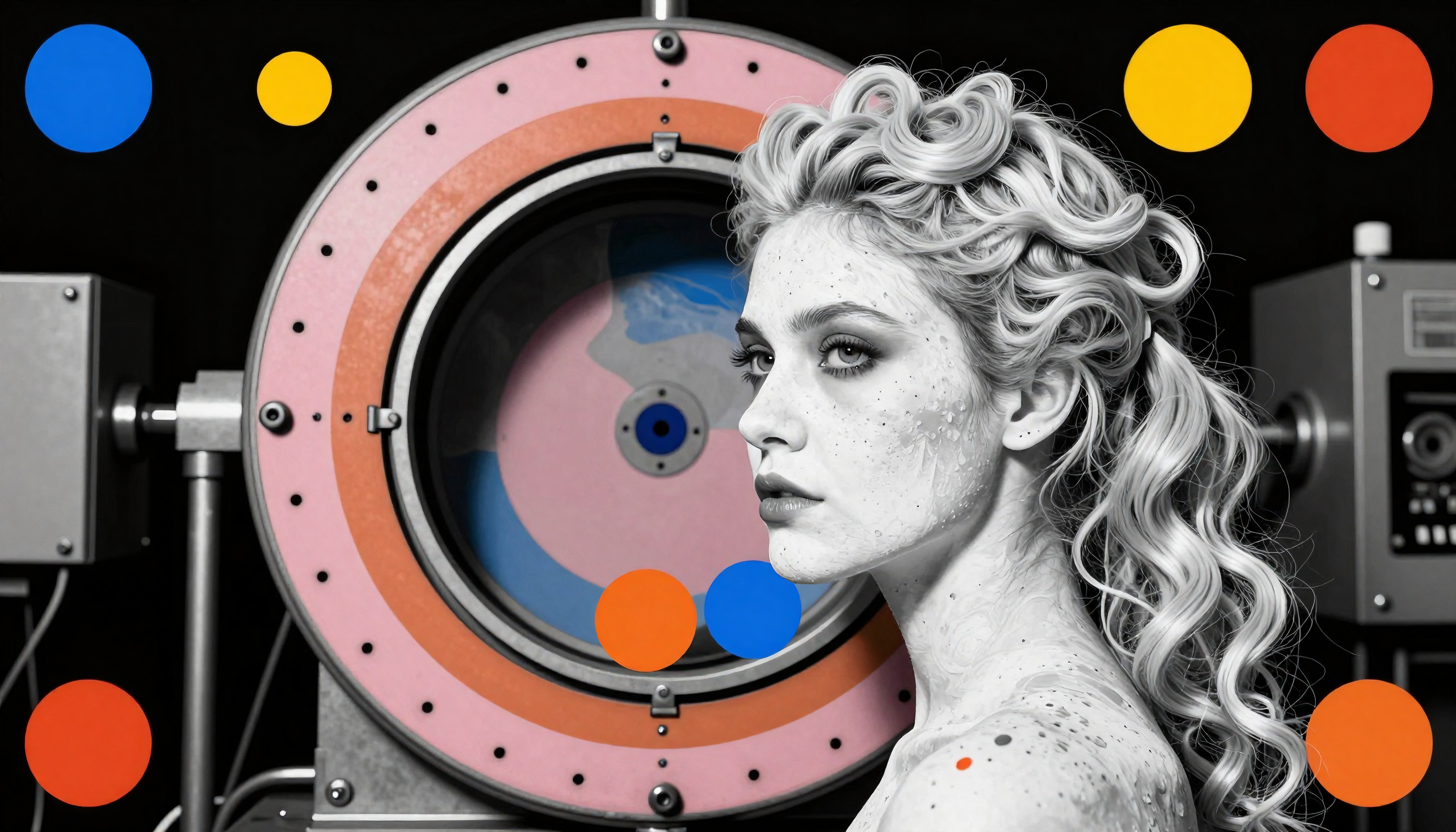 Artistic portrait of woman with colorful circles.