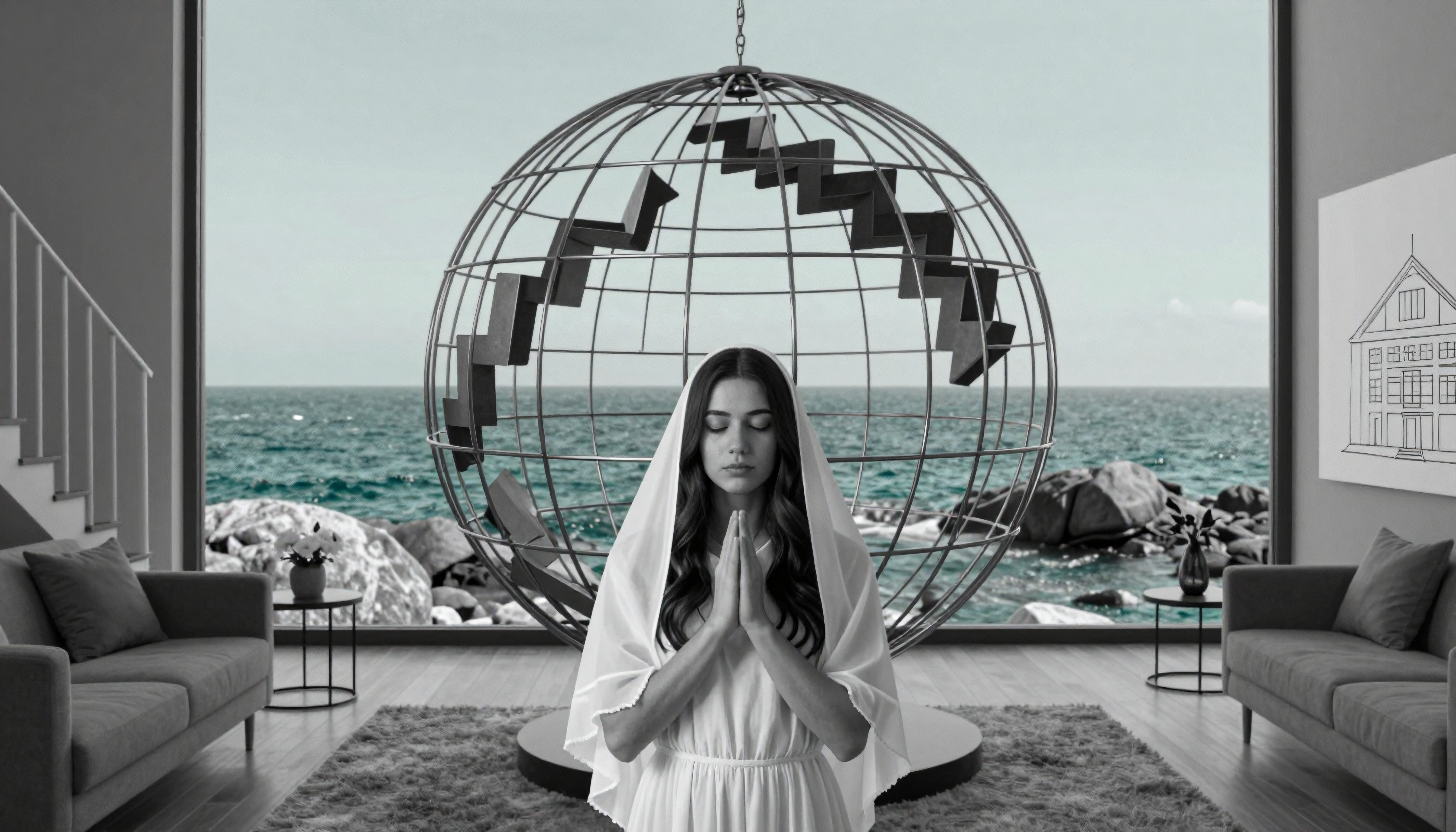 Woman in Veil Before Large Globe Window Looking Out to Sea