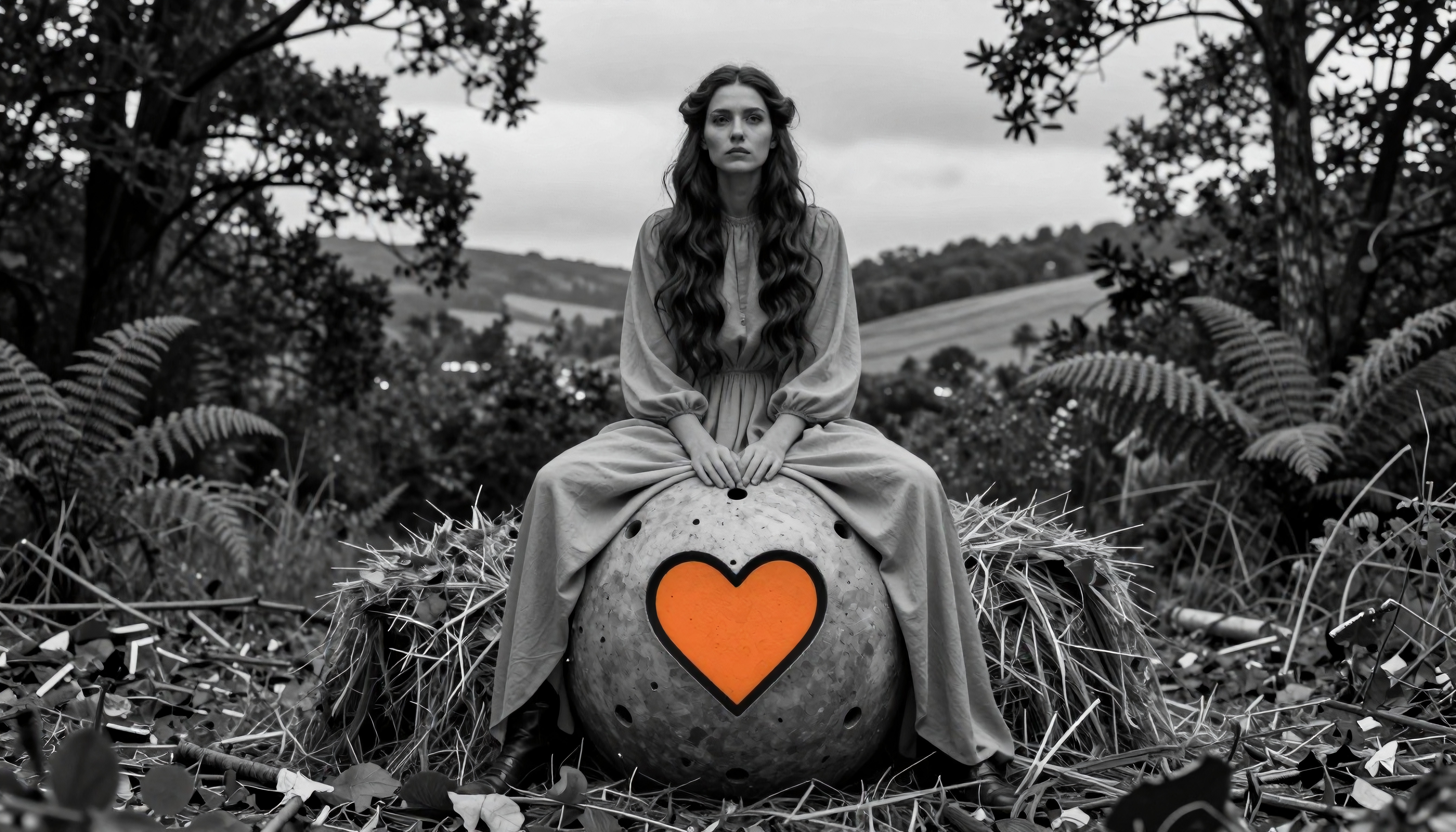 A woman in a flowing dress sits on a heart-emblazoned sphere amid a black-and-white forest setting, creating a striking, serene scene with a pop of color.